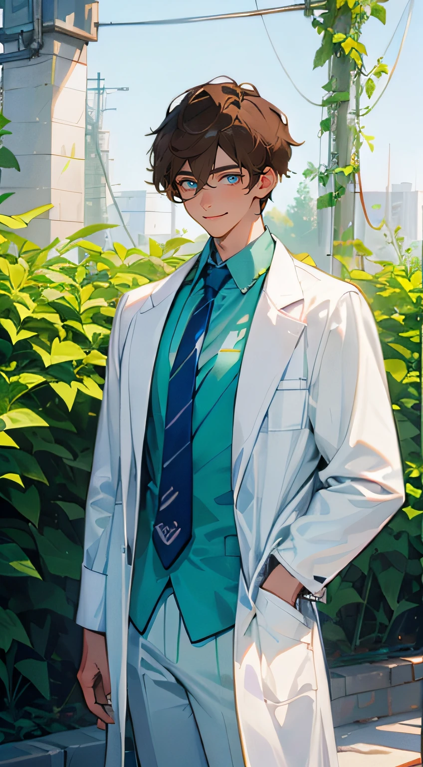filigree,(best illustrations),complicated detail,best qulity,Ultra Verbose,Optimal Lighting,best shadow,Ultra HDR,(((Handsome young man))),(Smile with,closes mouth) ,(((teenage:1.5))),(Glowing dark blue eyes), ((Eyes have light)),((((Short brown hair:1.1))),(Hair between both eyes),((White robe)),(Dark blue tie)\\,\\ ((green blouse))\\,\\((Wear a high-detail white lab coat)))\\,\\Dark blue trousers\\,\\complicated detail,(standing),Small garden on the sidewalk,industrial photography