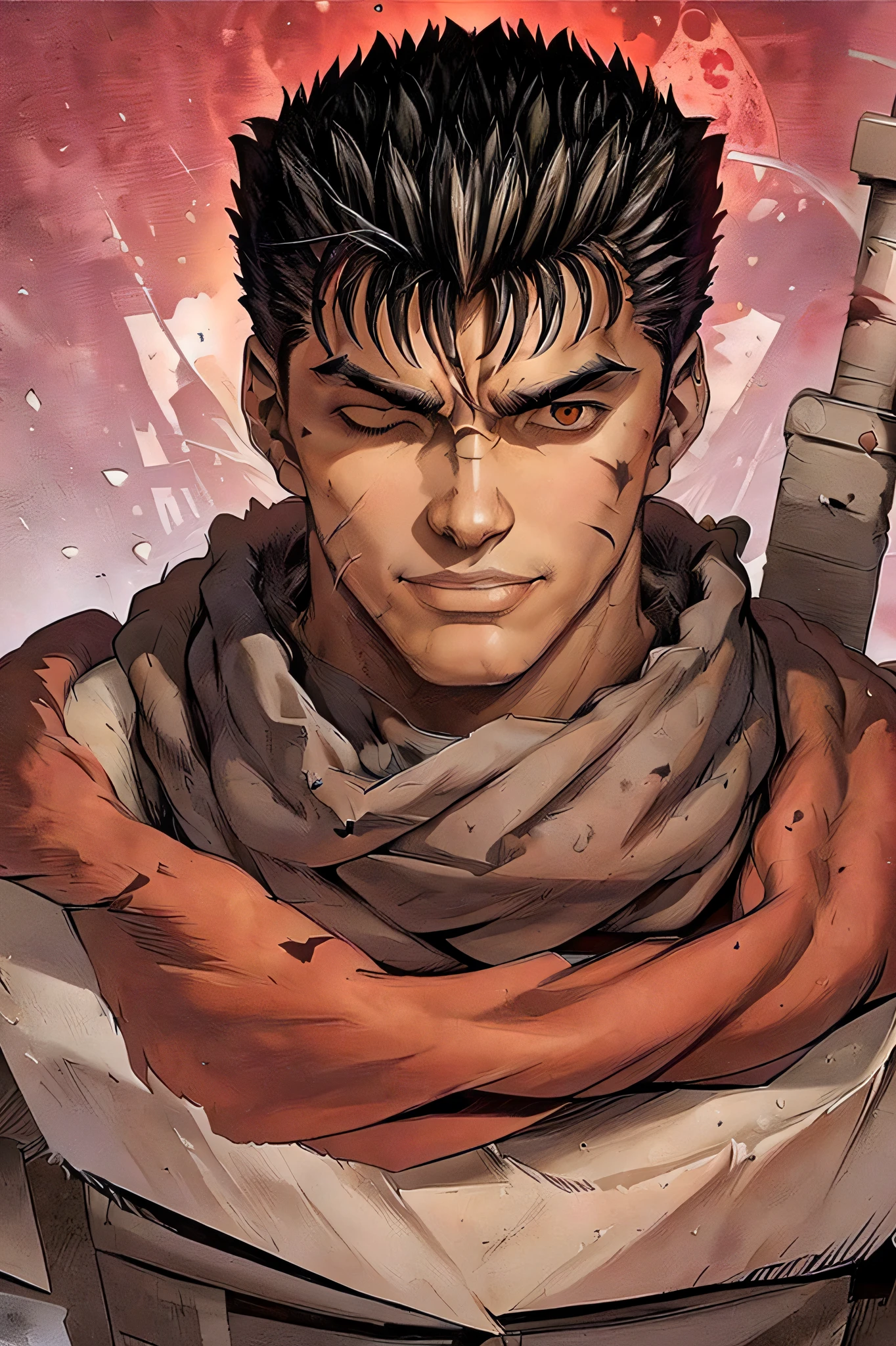 portrait of guts \(berserk\), 1boy, black hair, smiling, teeth, closed mouth, looking at viewer, male focus, one eye closed, red background, scar, scar on face, scar on nose, scarf, short hair, solo, upper body, weapon on back, blood moon, red night, sword on back, traditional media