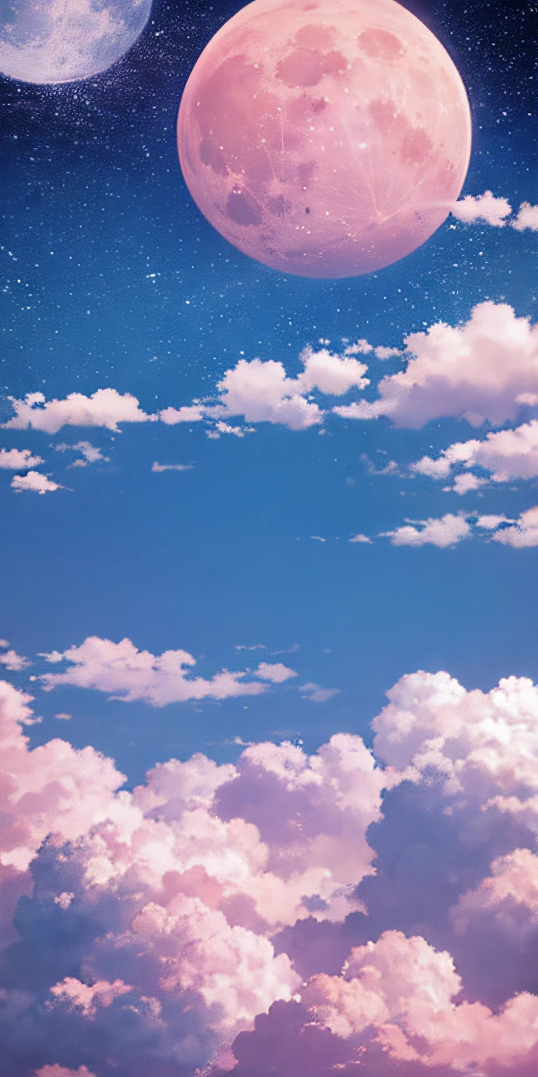 there is a pink moon in the sky with clouds, Anime Sky, fluffy pink anime clouds, fantasy puffy sky, anime clouds, Anime Background, dreamy sky, planet in the sky, heaven planet in background, big pink sphere high in the sky, background is heavenly, beautiful iphone wallpaper, iphone wallpaper, beautifull puffy clouds. anime, anime wallpaper, anime aesthetic