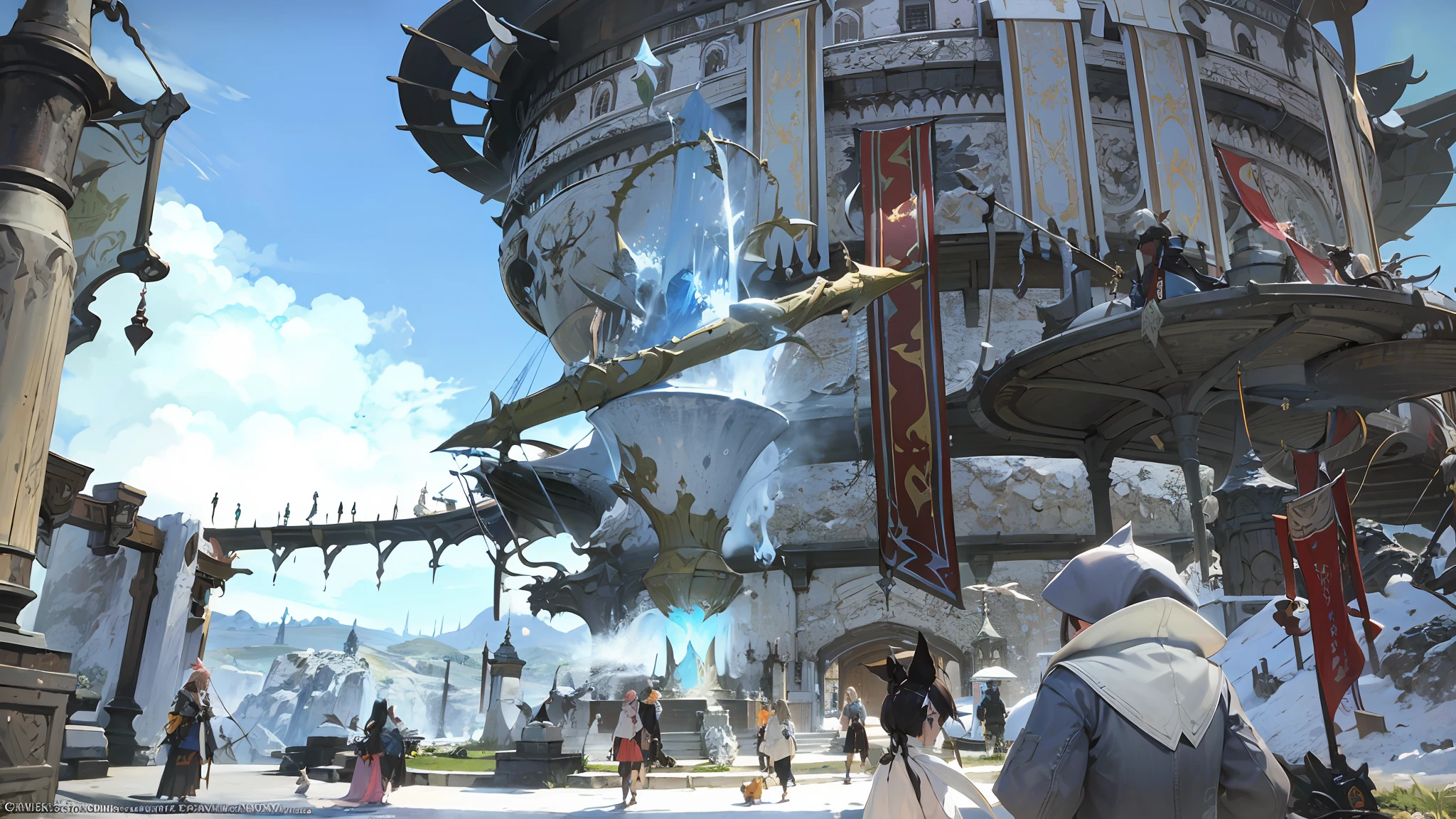 a close up of aaetheryte screenshot in a video game, final fantasy 1 4 screenshot, final fantasy 14 sharp, final fantasy 14 style, tranding on pxiv, final fantasy 1 4, ffxiv heavensward, ffxiv, final fantasy xiv, an epic majestical degen trader, Epic landscape wallpaper , trending on pxiv