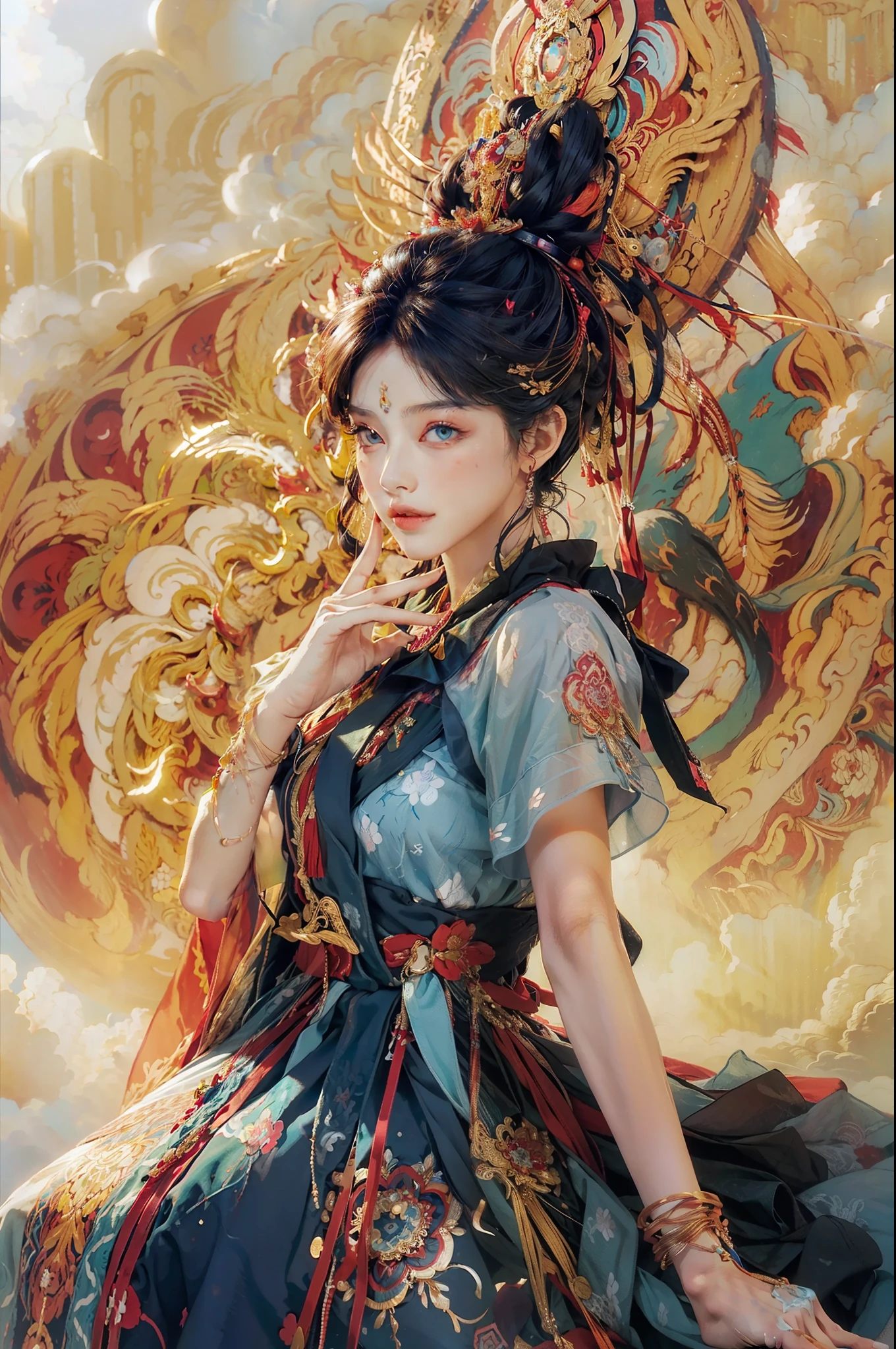 (((White Cloud Background))), (((High Saturation))), ((Surrounded by Color Splashes)))) Ultra Detailed, Beautiful and Aesthetic, Masterpiece, Best Quality, (Zentangle, Mandala, Tangled, Entangle), (Fractal Art: 1.3), 1girl, Very Detailed, Dynamic Angle, Cowboyshot, Most Beautiful Forms Chaotic, Elegant, Fauvist Design, Bright Colors, Romanticism, Michal Mraz, Adrian Ghenny, Petra Courtwright, atmospheric, ecstatic notes, flow notes visible