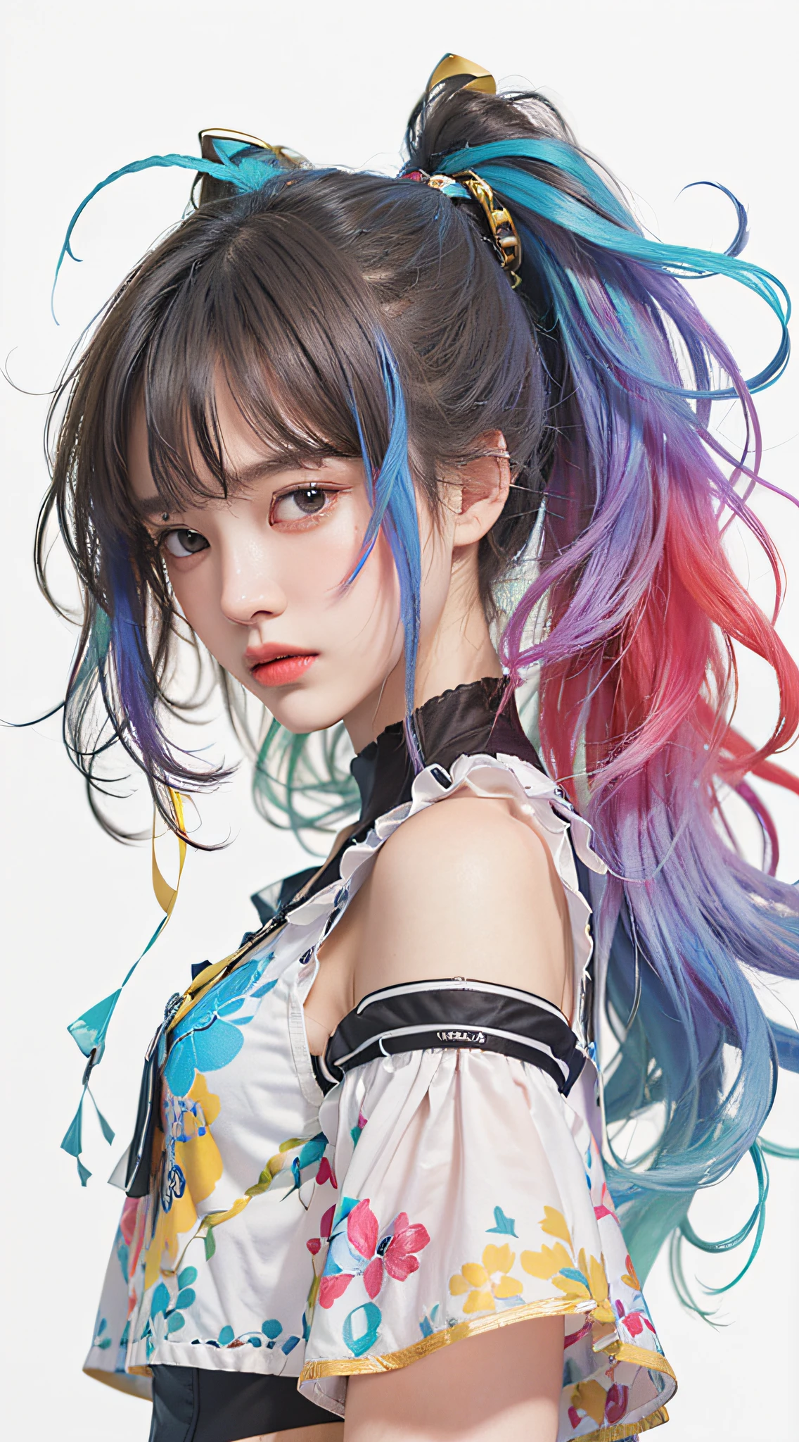 1 girl solo, (3k RAW photo, Bert quality, masterpiece 12) (realistic photo quality 1. A) (extremely detailed CG uniform and k wlpaper) ((high gradient: 1.3), soothing tones, mute, high contrast, (natural skin texture, surrealism, soft light, clarity)), colored hair,