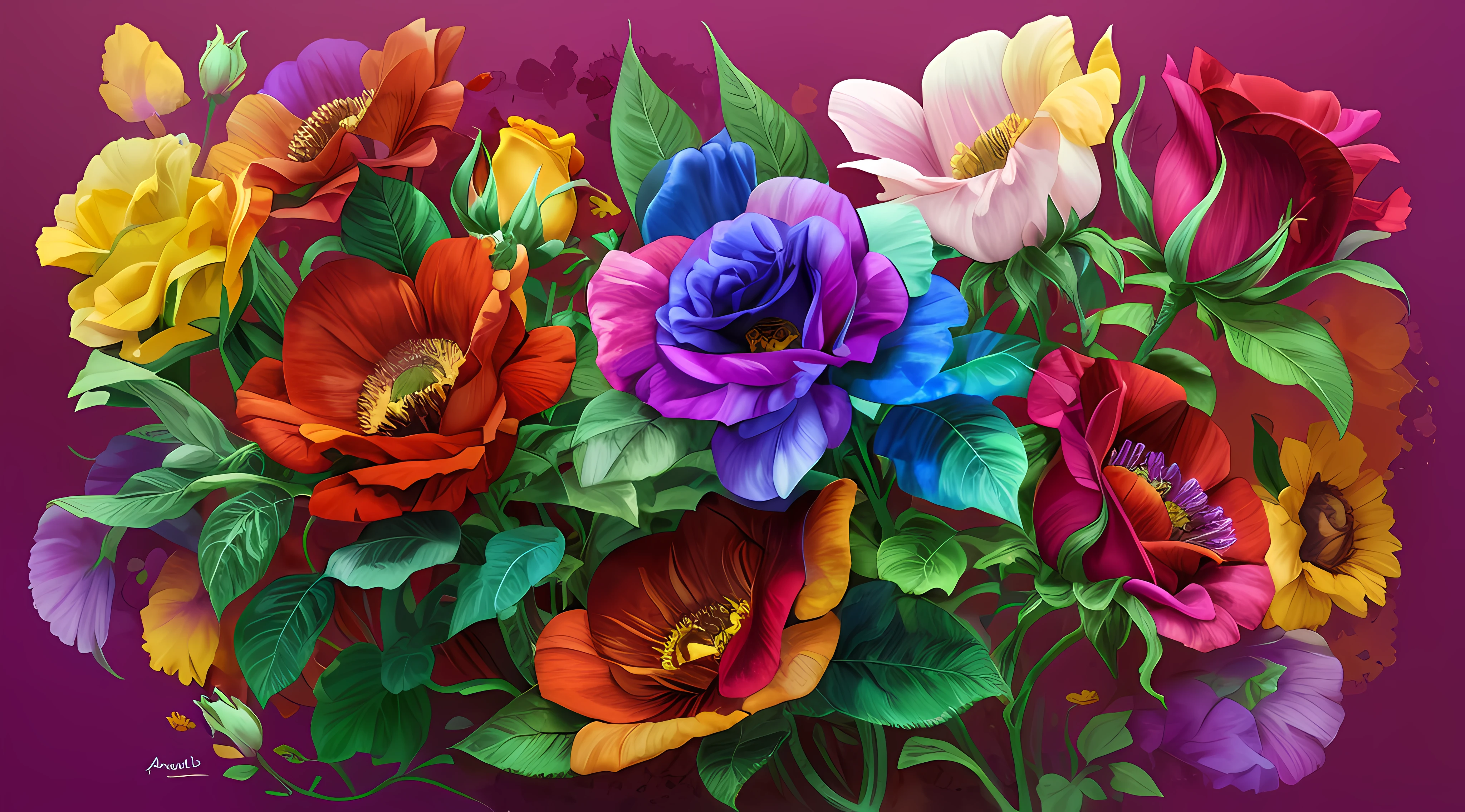 (super detalhado). There is a bouquet of flowers with purple flowers, Rosas, amarelas, brancas, alaranjadas, com flores coloridas, colourful flowers bouquet, flores florais coloridas, feito de flores e folhas, flores coloridas, flores coloridas, floral renewal, explosion of colorful flowers, magical colorful flowers, Arte Oficial, com flores e plantas coloridas, fundo florido pastel, feito de flores --auto