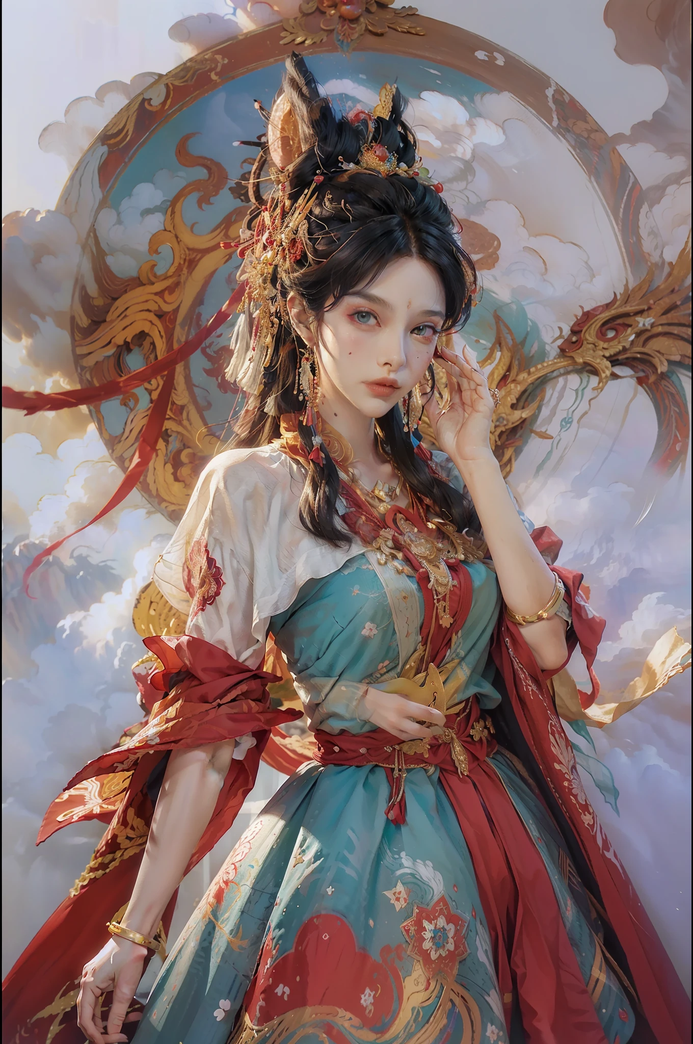 (((White Cloud Background))), (((High Saturation))), ((Surrounded by Color Splashes)))) Ultra Detailed, Beautiful and Aesthetic, Masterpiece, Best Quality, (Zentangle, Mandala, Tangled, Entangle), (Fractal Art: 1.3), 1girl, Very Detailed, Dynamic Angle, Cowboyshot, Most Beautiful Forms Chaotic, Elegant, Fauvist Design, Bright Colors, Romanticism, Michal Mraz, Adrian Ghenny, Petra Courtwright, atmospheric, ecstatic notes, flow notes visible