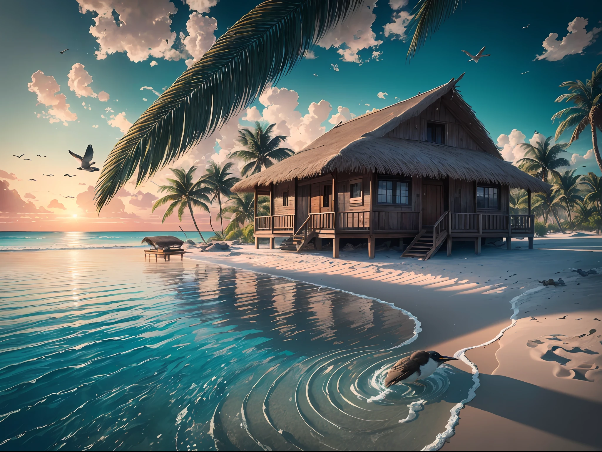 A picture of a luxury hut over the crystal clear light blue water surounded by white sand and palm trees, birds flying in the distance, cinematic, realism, crystal clear, micro-details, cinematic light, highres, imagination, (realistic), clear skies, composition, sunset, (hdr:1.5), outdoors, intricate details, close up, wild life in the background, inviting atmosphere