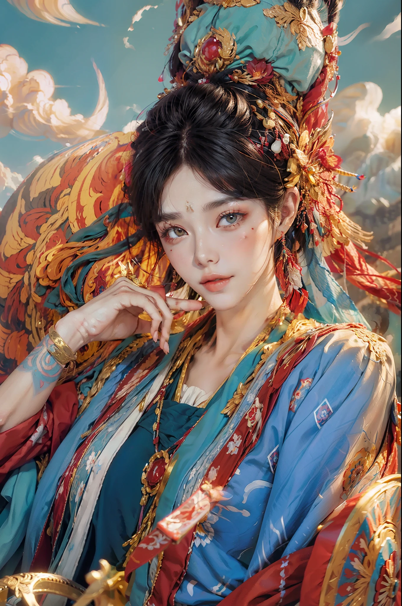 (((White Cloud Background))), (((High Saturation))), ((Surrounded by Color Splashes)))) Ultra Detailed, Beautiful and Aesthetic, Masterpiece, Best Quality, (Zentangle, Mandala, Tangled, Entangle), (Fractal Art: 1.3), 1girl, Very Detailed, Dynamic Angle, Cowboyshot, Most Beautiful Forms Chaotic, Elegant, Fauvist Design, Bright Colors, Romanticism, Michal Mraz, Adrian Ghenny, Petra Courtwright, atmospheric, ecstatic notes, flow notes visible