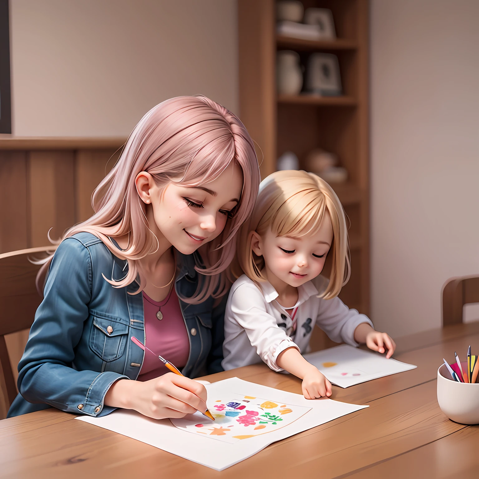 Make a realistic image of mother and young daughter, com cabelos curtos e olhos brilhantes, Standing next to a wooden table. They're leaning over the table, holding several colored pens in your hands. The girl is smiling as she colors a picture on paper. the mother watches the child.