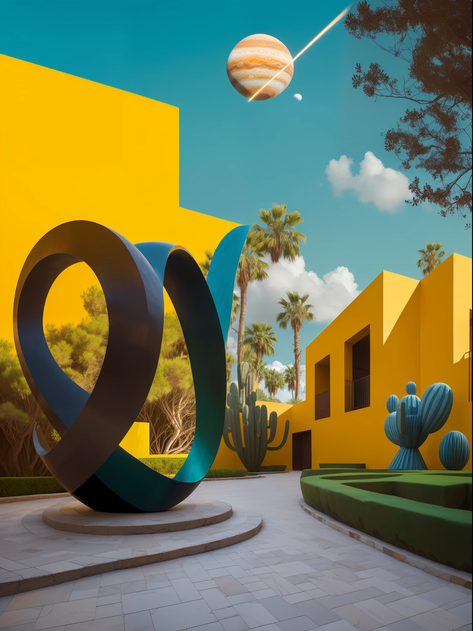 (masterpiece, best quality)),illustration,ultra detailed 8k, An illustration, ((Estilo collage)), (((multiple Luis Barragan's style buildings))), (((Mike Mignola's artistic style))), (Secciones), ((Colores desaturados)),big rocks, ((lago)), cacti, (nubes lisas), un puente, escalera, La Luna, Grandes edificios, abundant vegetation, Arbustos, (((big geometric sculptures))), hard shadows, dramatic, cinematographic, high contrast, jupiter, saturn, uranus