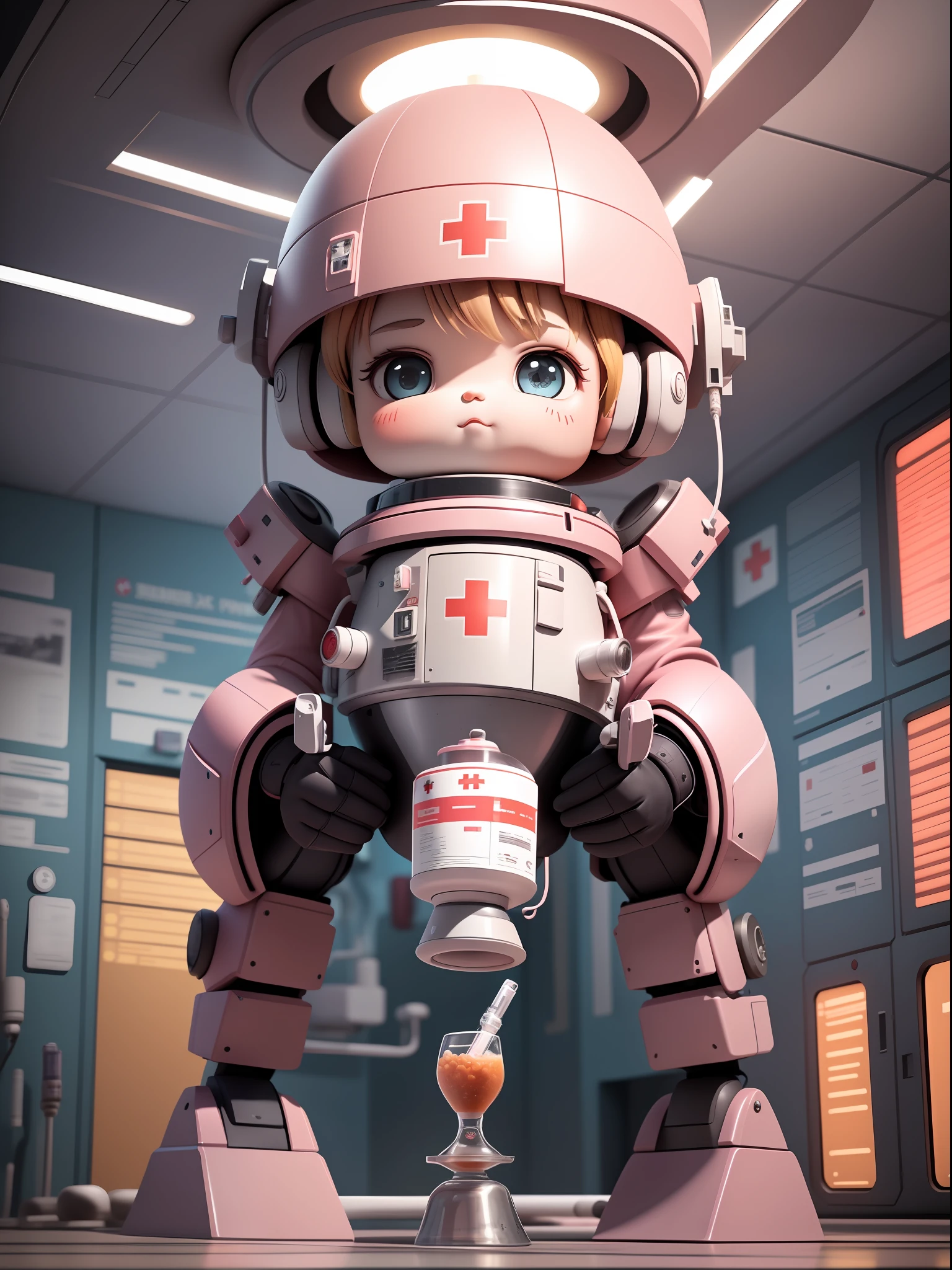 pinks，StarCraft human soldier mech，pudgy，Fat toot，gal girl，Dumb cute，2 head body，Cutes，standup，Oversized syringe in hand，The capsule-shaped mech floated around，full full body，The mask opens，On the fuselage there is the Red Cross Society emblem，Hospital interior，Cinematic Lights，masterece-piece，UE5 rendering，Grainy，ultra fine，high qulity，Background light pink