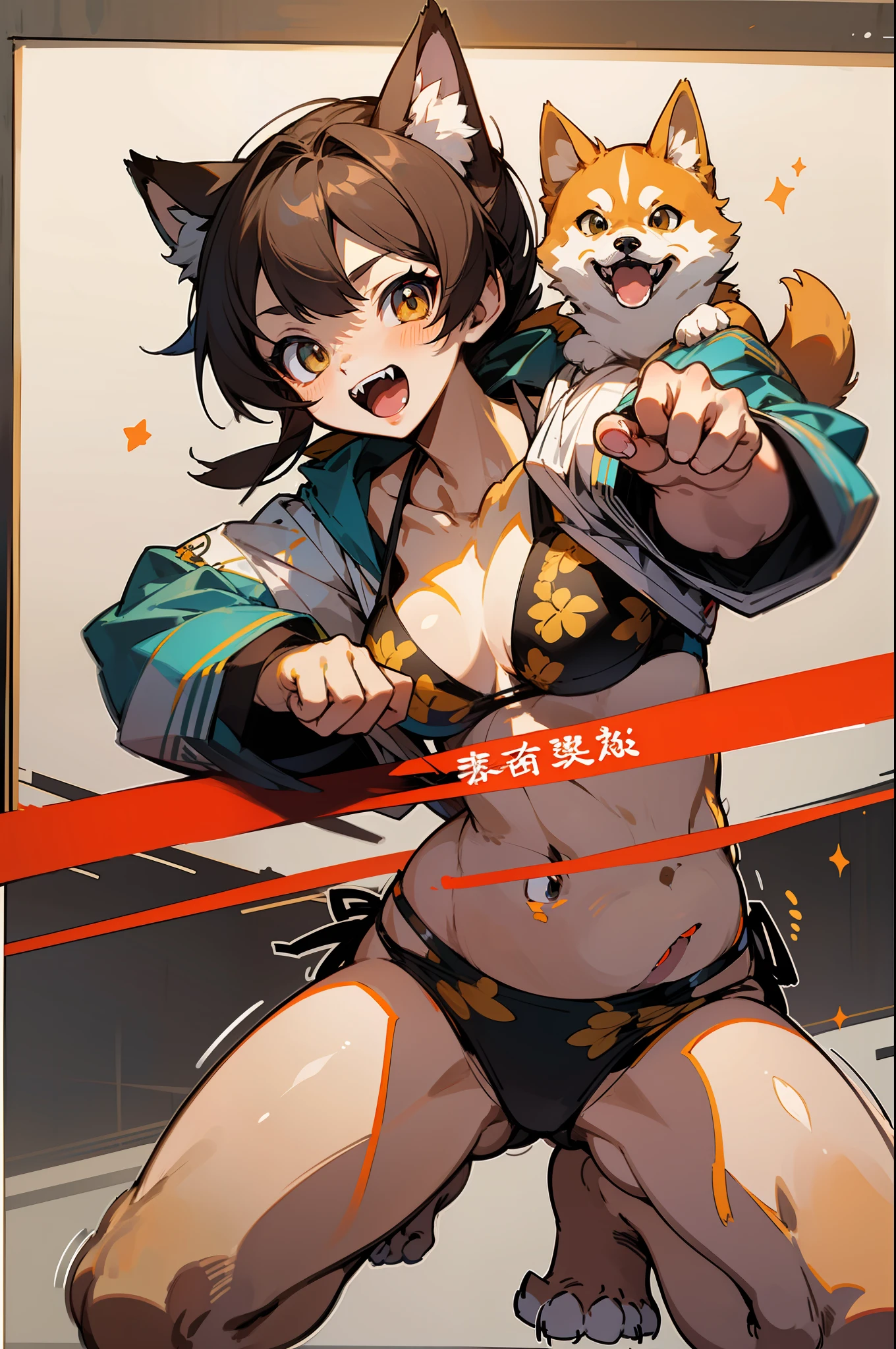 master peice,hyper quality, hyper detailed,Perfect drawing,1 beautiful girl、Shiba Inu print bikini、Shiba Inu ears、Shiba Inu tail、Shiba Inu palm、Shiba Inu paws、Shiba Inu fingers、sharp claws、Sharp fangs、Hunter's eyes aiming for prey、Black hair and light brown mesh、Sharp eyes、Height 168cm、MeasurementsB85W58H88、Kneeling、pow pause