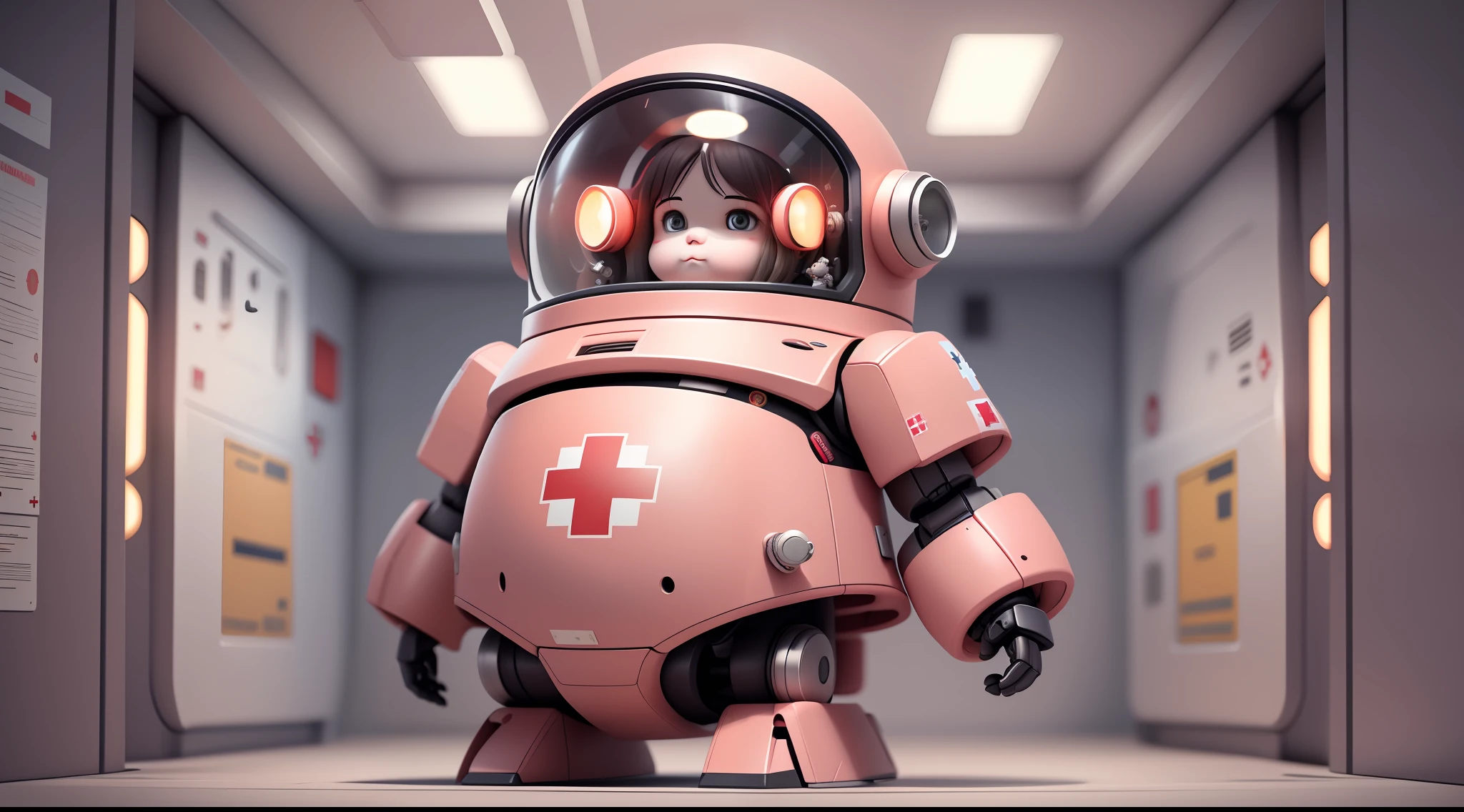 pinks，StarCraft human soldier mech，pudgy，Fat toot，gal girl，Dumb cute，2 head body，Cutes，standup，Oversized syringe in hand，The capsule-shaped mech floated around，full full body，The mask opens，On the fuselage there is the Red Cross Society emblem，Hospital interior，Cinematic Lights，masterece-piece，UE5 rendering，Grainy，ultra fine，high qulity，Background light pink