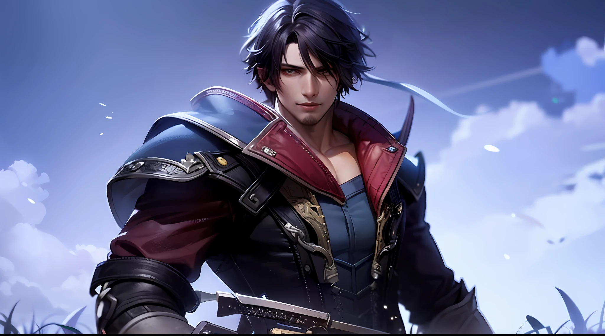 a close up of a person with a sword in a field, As a character in Tekken, thancred waters, thancred waters in style of wlop, son of sparda, handsome prince of persia, v from devil may cry as an elf, male character, portrait of thancred, from ncsoft, Main character, From《final fantasy》, Game CG
