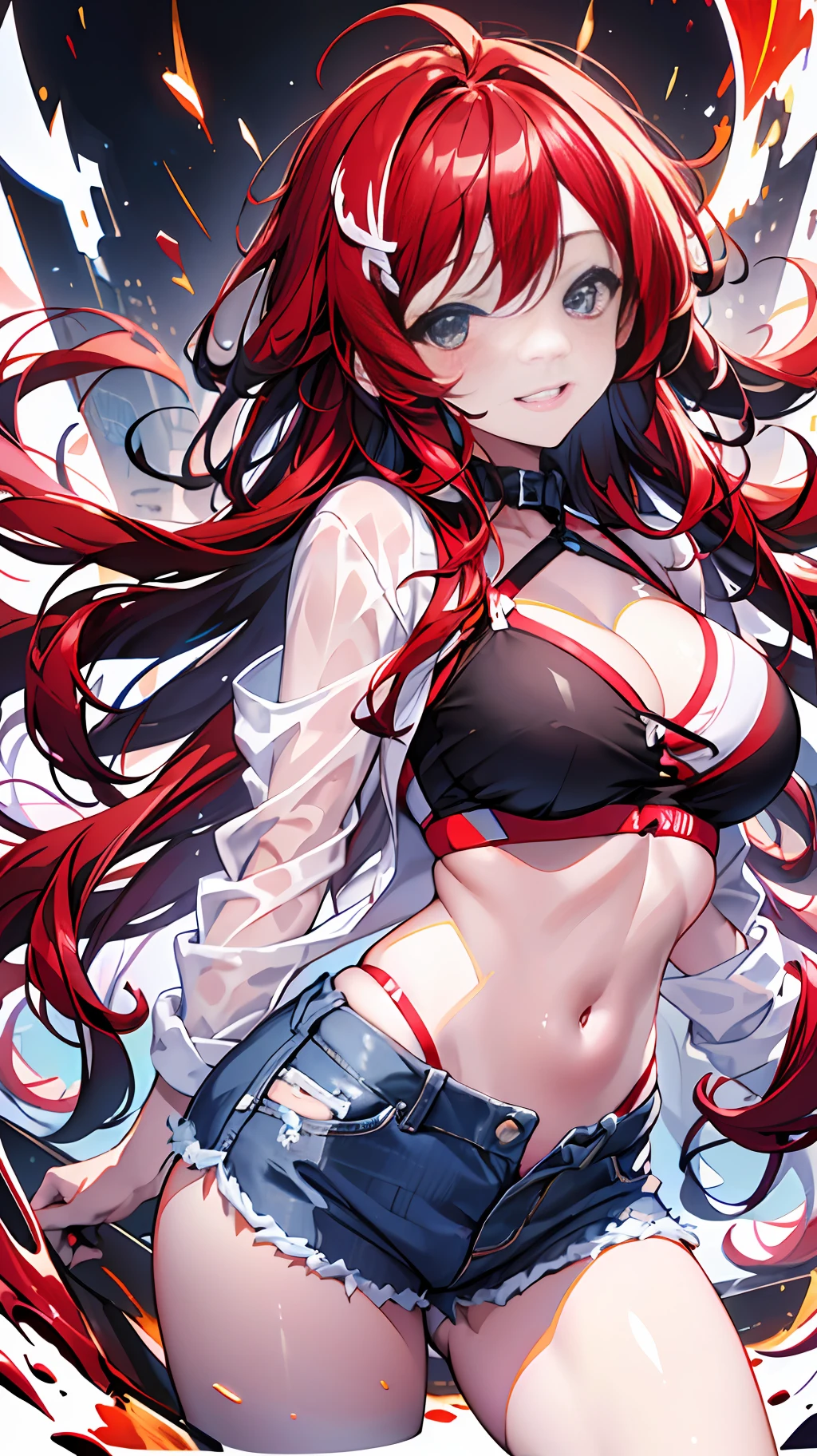 ((premier quality)), ((A masterpie)), (extremely detaild:1.3), sharpening Focus, cinematic lighting, Denim shorts(Girl taking off), Changing clothes, bikinis, red gradient long hair, Messy hair, Floating hair, (tempting-smile), (Fulll body Shot), Top quality 16k, full details, Like the photo, Realstic, White background,