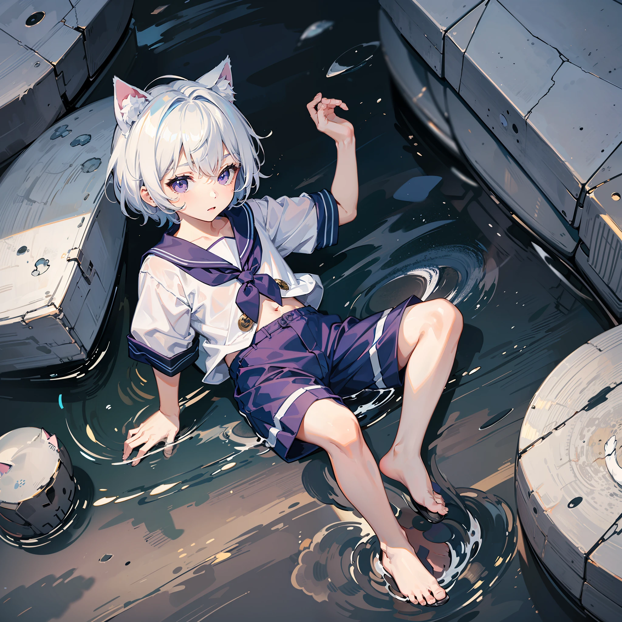  with short hair with white hair cat ears，Purple eyes，Blue and white striped sailor suit，Blue and white striped shorts，Barefoot，On the glacier