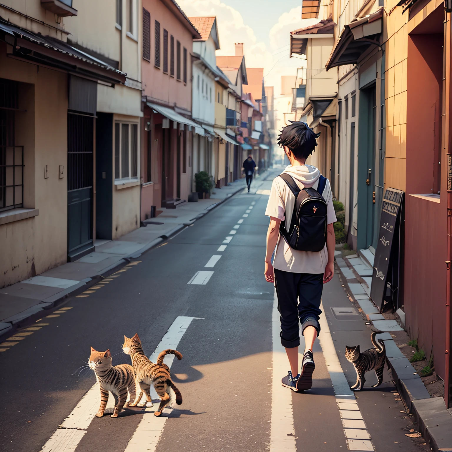 The warm sun shines in the sky,An anime-style boy walks on the side of the road,Three kittens followed sideways --auto