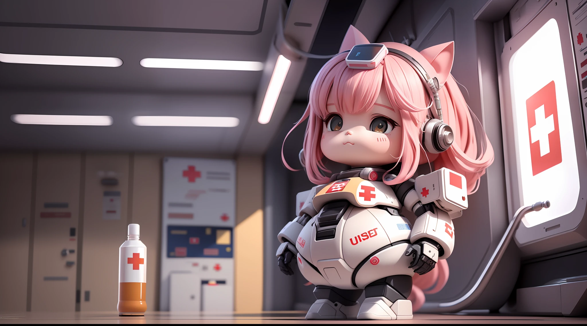 pinks，StarCraft human soldier mech，pudgy，Fat toot，gal girl，Dumb cute，2 head body，Cutes，standup，Oversized syringe in hand，The capsule-shaped mech floated around，full full body，The mask opens，On the fuselage there is the Red Cross Society emblem，Hospital interior，Cinematic Lights，masterece-piece，UE5 rendering，Grainy，ultra fine，high qulity，Background light pink