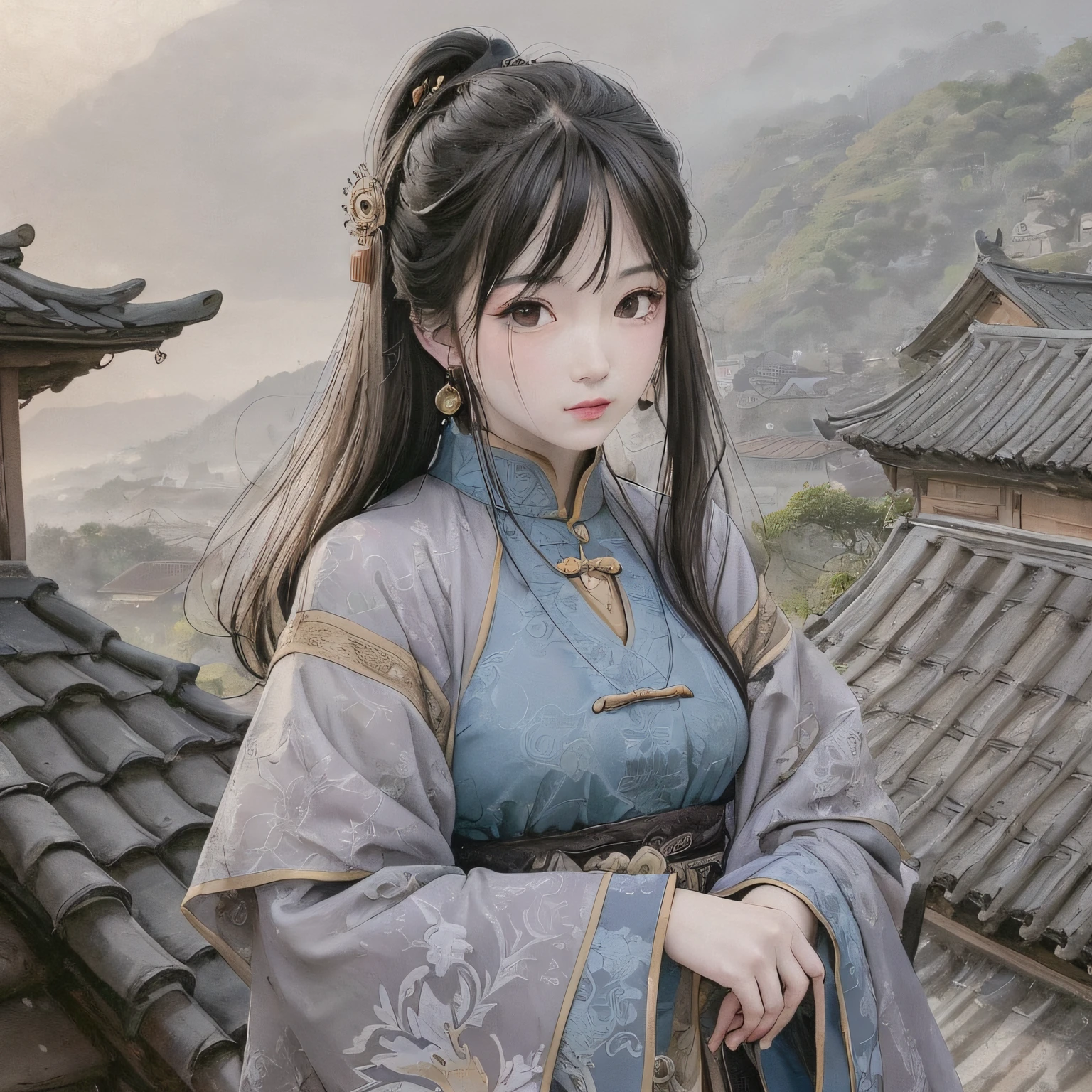 The painting style is beautiful，HD texture，Pengcheng during the ancient Three Kingdoms period，shadowy mist，Cyan roof tiles and gray walls are intertwined。and in the distance，Quietly guarding the undulating hills of the city，There are ancients from all walks of life on the screen，Dressed in delicate period costumes，Some of them are enthusiastic city people，Some are generals with great righteousness in mind，Feel at ease，Realistic details on the face，Accentuates the rich harmony of the mood of the picture。
