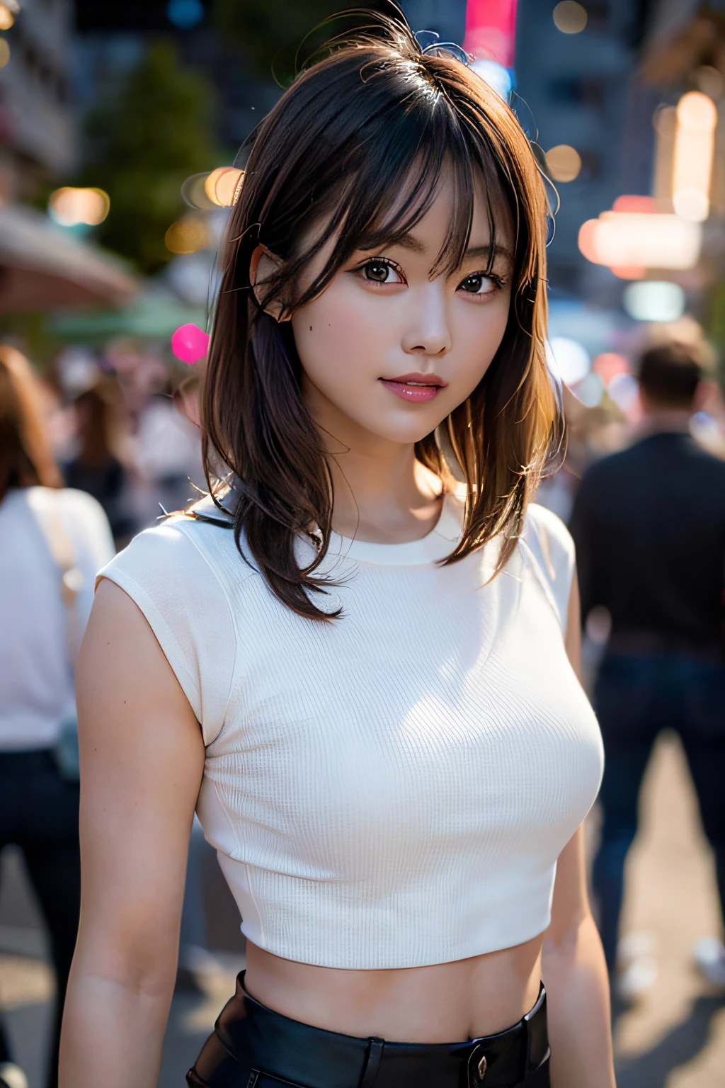 ((Realistic lighting, Best quality, 8K, Masterpiece: 1.3)), Clear focus: 1.2, 1girl, Perfect Figure: 1.4, Slim Abs: 1.1, ((Dark brown hair)), (White crop top: 1.4), (Outdoor, Night: 1.1), City streets, Super fine face, Fine eyes, Double eyelids,