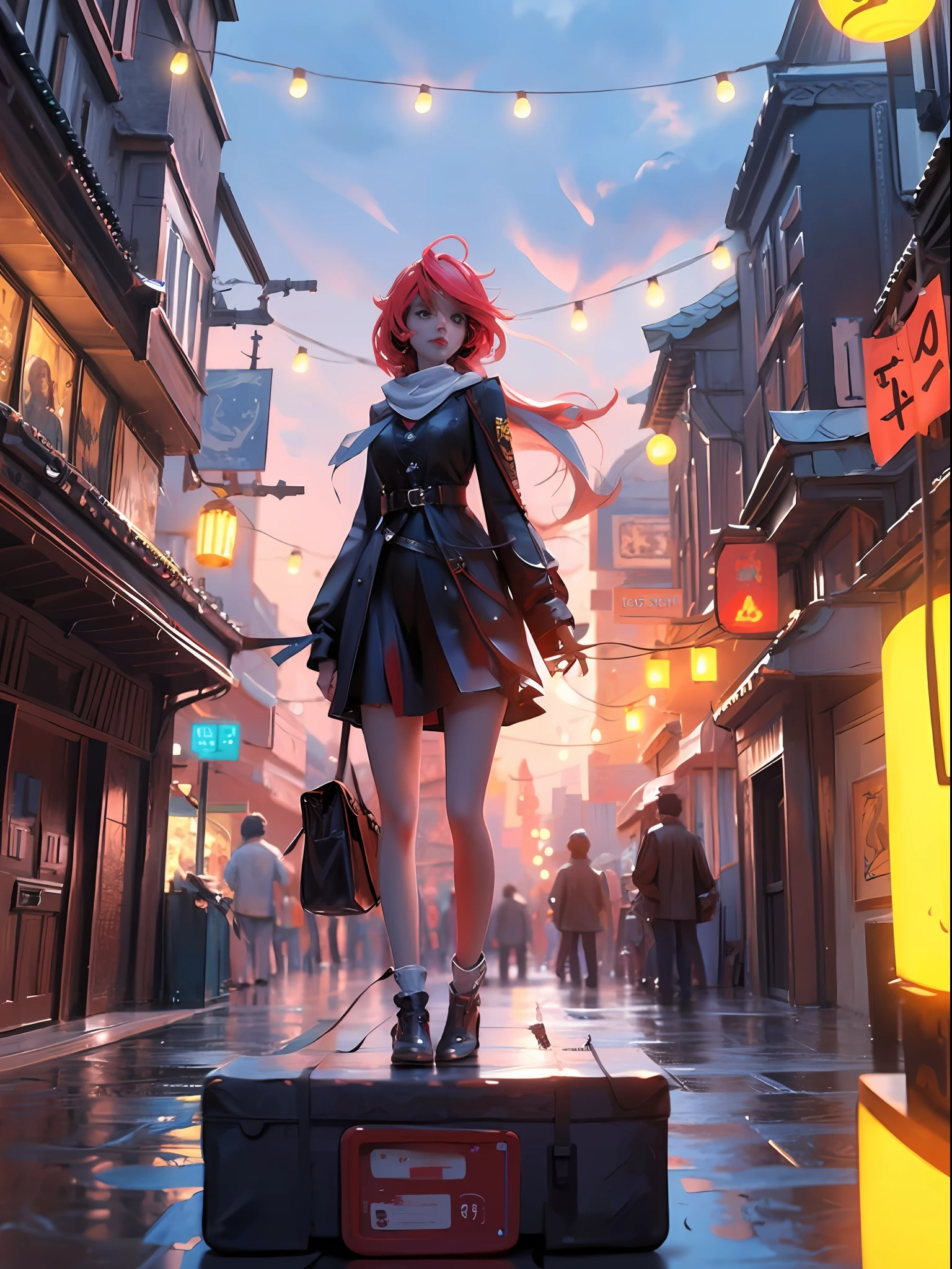 ((Masterpiece)), ((Best quality)), 8K, high detaild, Ultra-detailed, A girl standing on the rooftop overlooking the city, teto, Buildings, Streets, City lights.