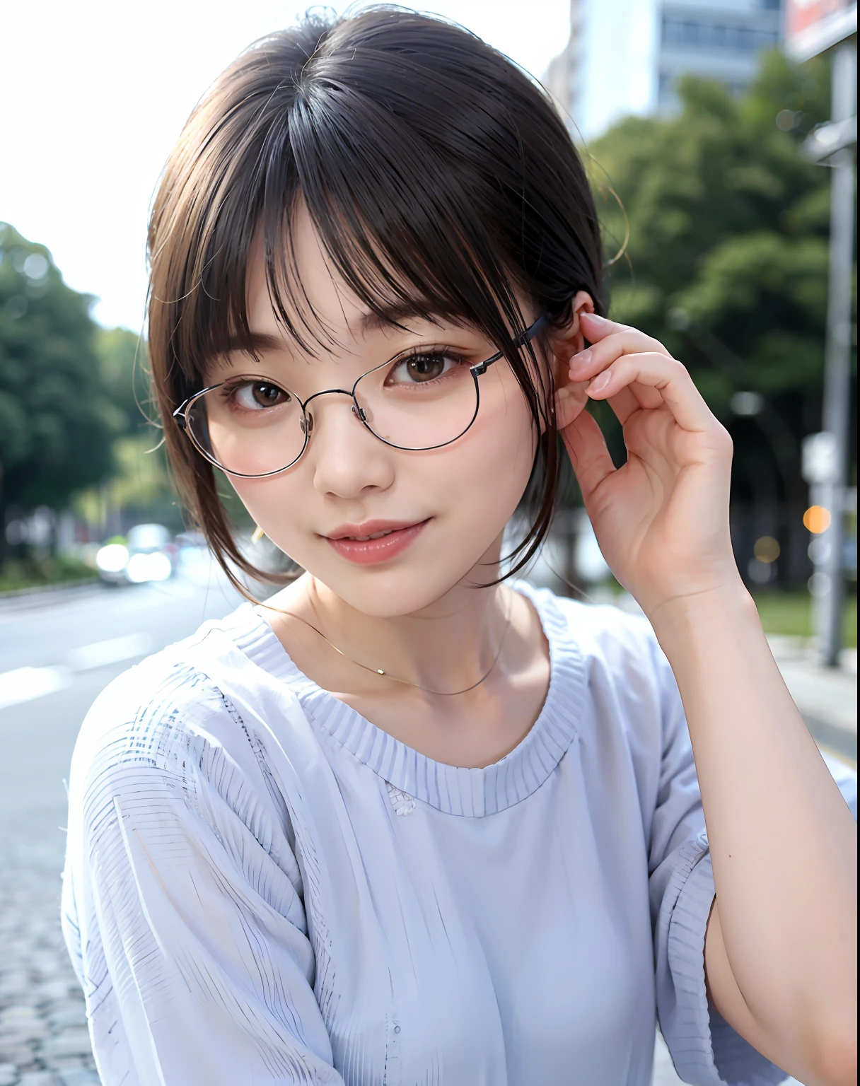 Woman posing on street corner in casual clothes、beste Quality、The girls 1 people、Small chest、days、well lit、Blur background、bokeh feeling、out door、(Street:0.8)、Woman with glasses、Glasses with a thin frame、Round lens glasses、Thin golden glasses frame、sweater:1.5、Light blue sweater:1.2、Blue dress:1.5)、luxury(Short hair、Forehead:1.2)、Beautiful sky with details、(dinamic pose:1.2)、 (upper-body:0.5)、Soft lighting、Vents、glowy skin、Sorrisos、