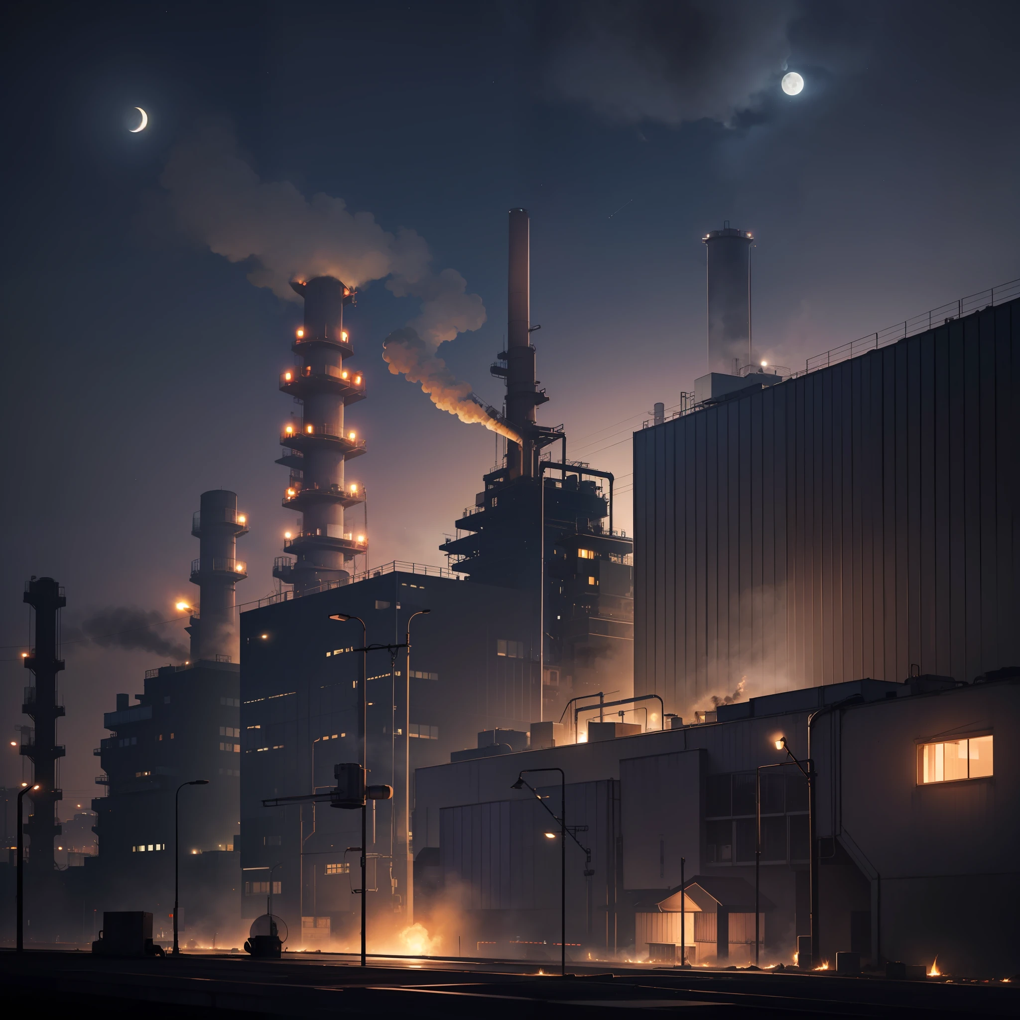 industrial zone at night, smoke, lights under moonlight