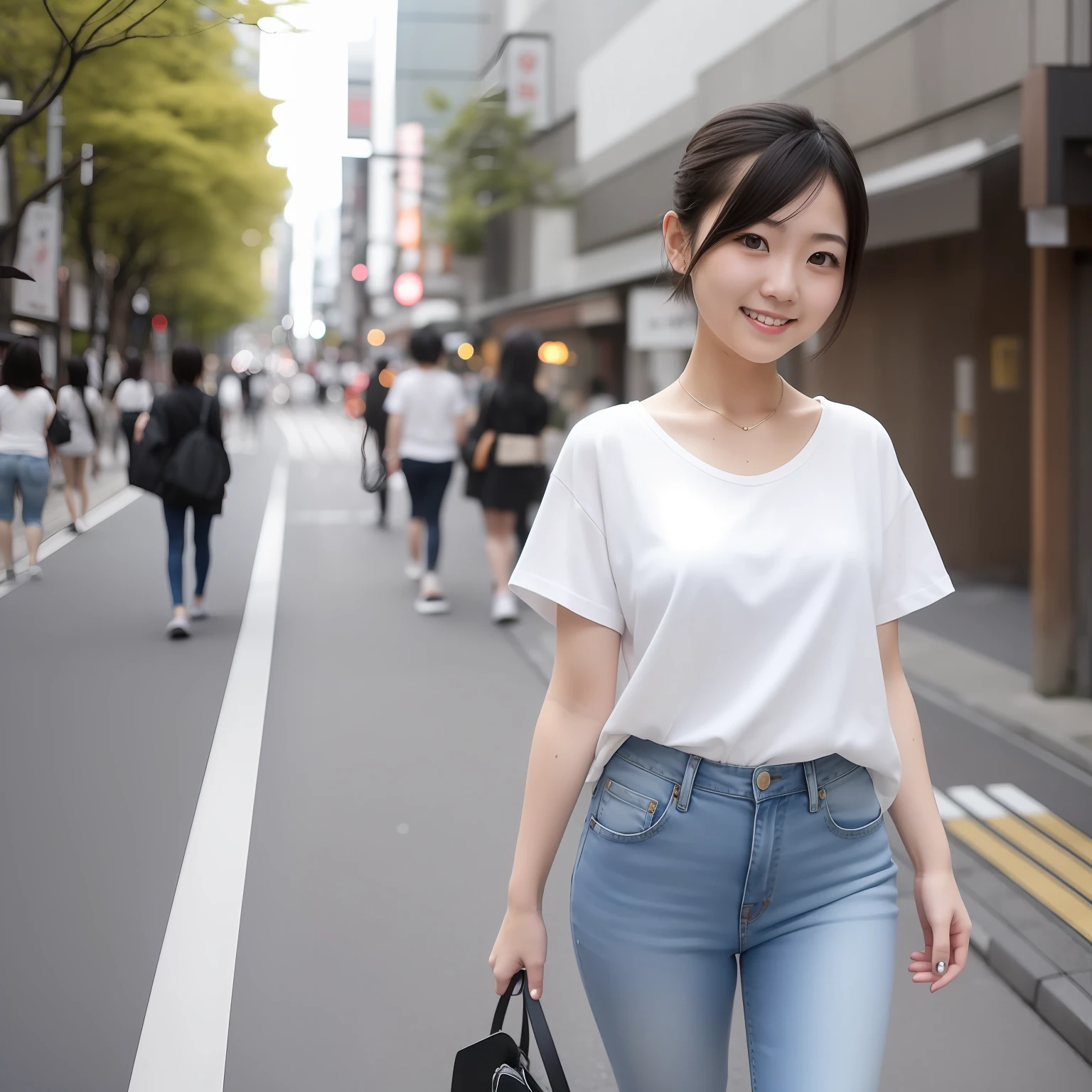 Japan 25 year old woman with short cut stylish hairstyle is turning around and smiling。Walking through the streets of Roppongi in Tokyo。full full body。Wearing a white shirt and jeans。