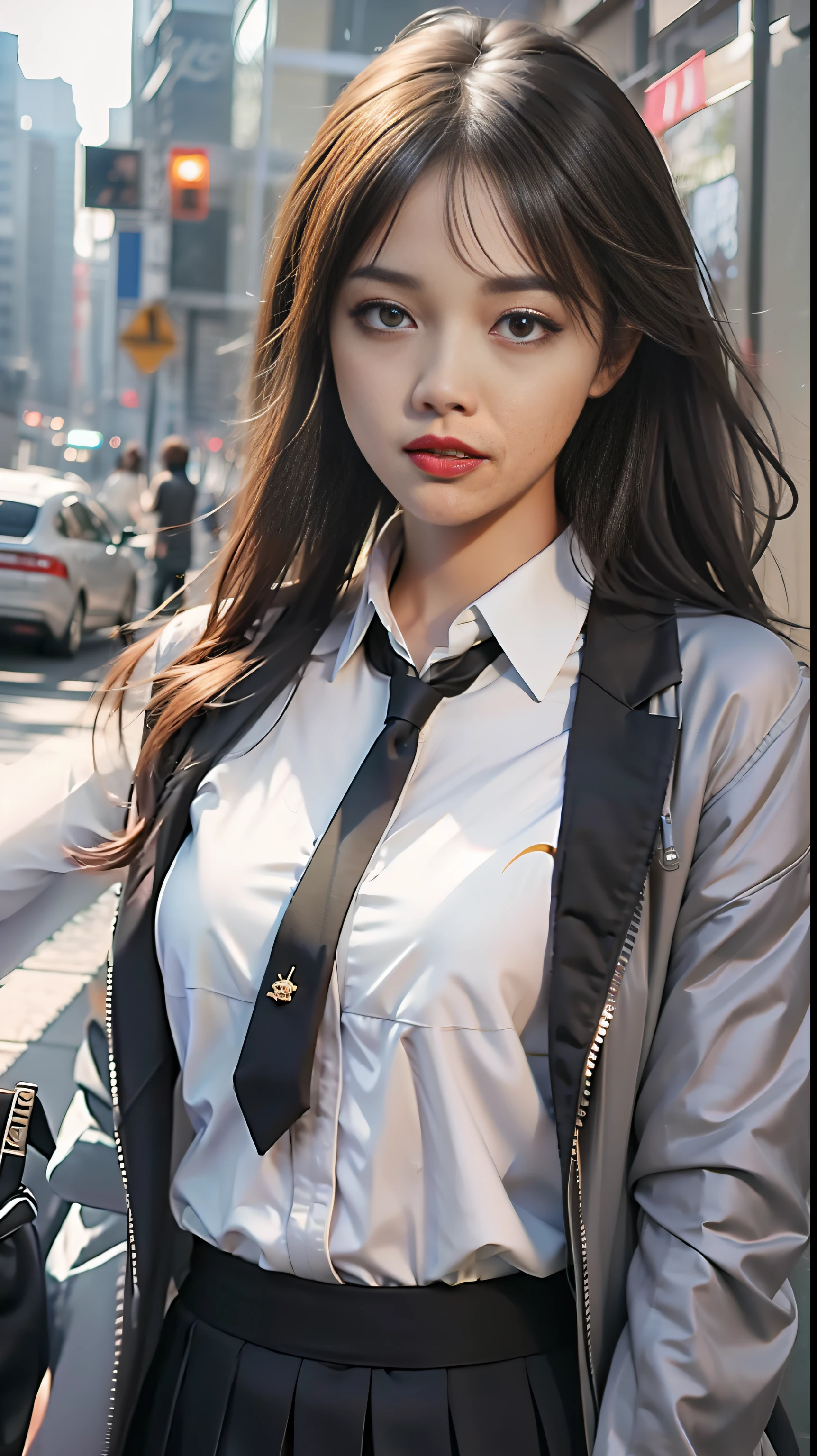 masculine features:Young age、Medium height、Brown hair、Blue eyes、Slightly bearded
Feminine characteristics:Young age、Petite figure、Long straight black hair、brown-eyed、Smiling expression
posture:The male puts his arm around the woman's waist,The two stood face to face
Clothing style:Men wear simple overalls,Black suit、White shirt and black tie;Women wear professional attire,Dark gray skirt and suit jacket。
Emotional expression:Mutual attention and warm eyes,With a happy smile