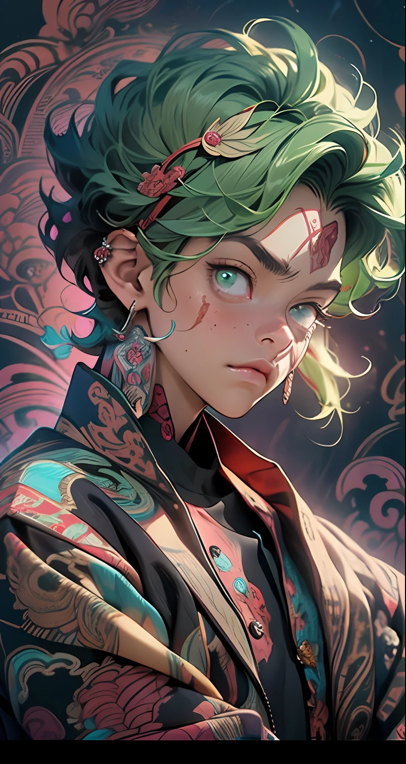 realisti、(A masterpie、beste Quality、beste Quality、Official art、Beauty and aesthetics:1.2)、Highly detailed fractal art、most detailed、Zentangle、(abstract background:1.5)(1 Boy:1.3)、1 juvenile、 Blood_Skelter、Glowing eyes、Pink blood、firey、deku midoriya、short green hair、Mysterious、stary sky、full full body、my hero akademia、Chinese dragon pan glaring at dark blue background、Beautiful Body、Thin