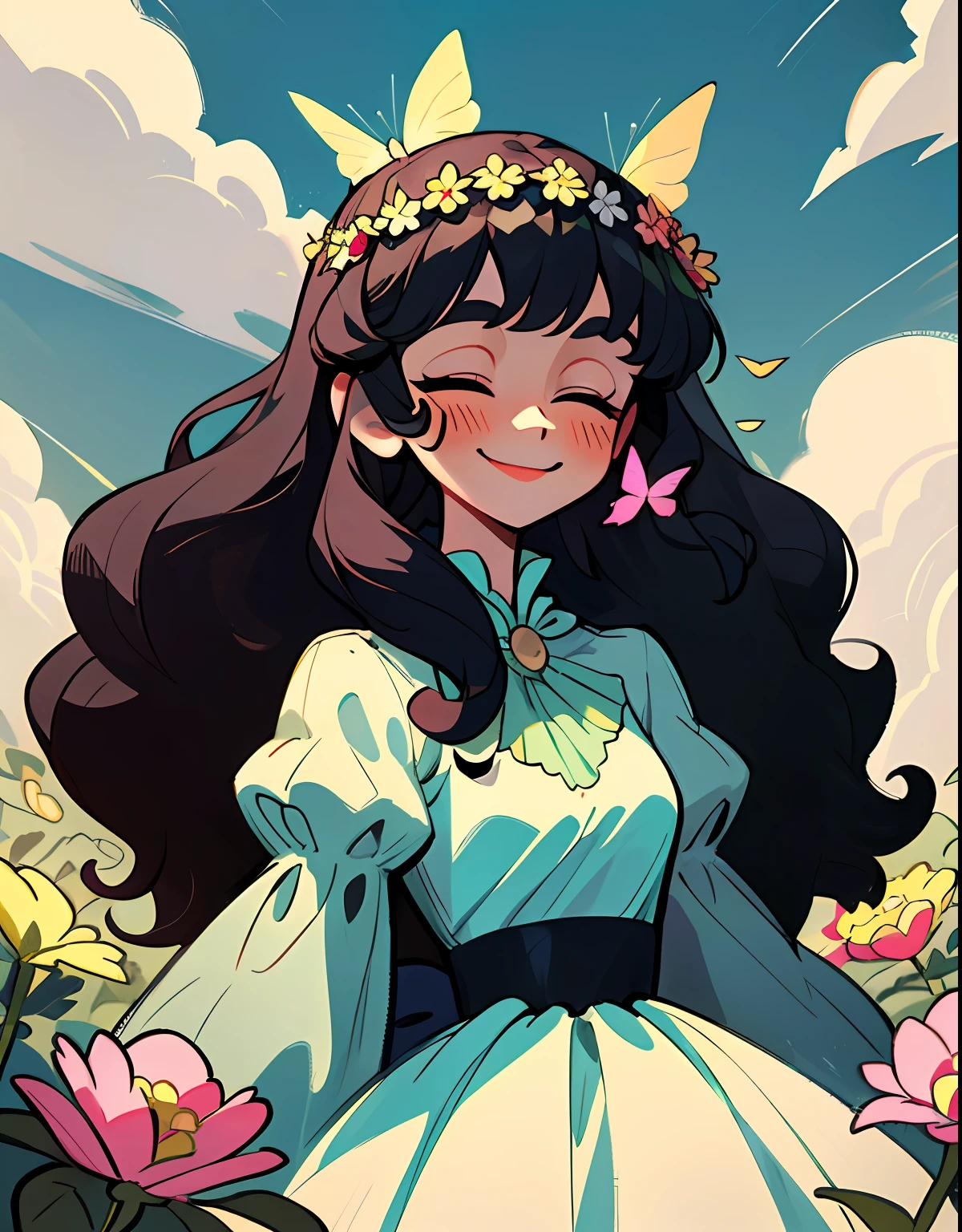 Painting of a woman with a garland on her head, aesthetic cute with flutter, European and American cartoons, black haired, no outline, long way hair，with long curly hair, garland，She was surrounded by two butterflies，A clear sky，Smile with，big laughter，withe dress，Blush face，A bunch of flowers is worn on the head