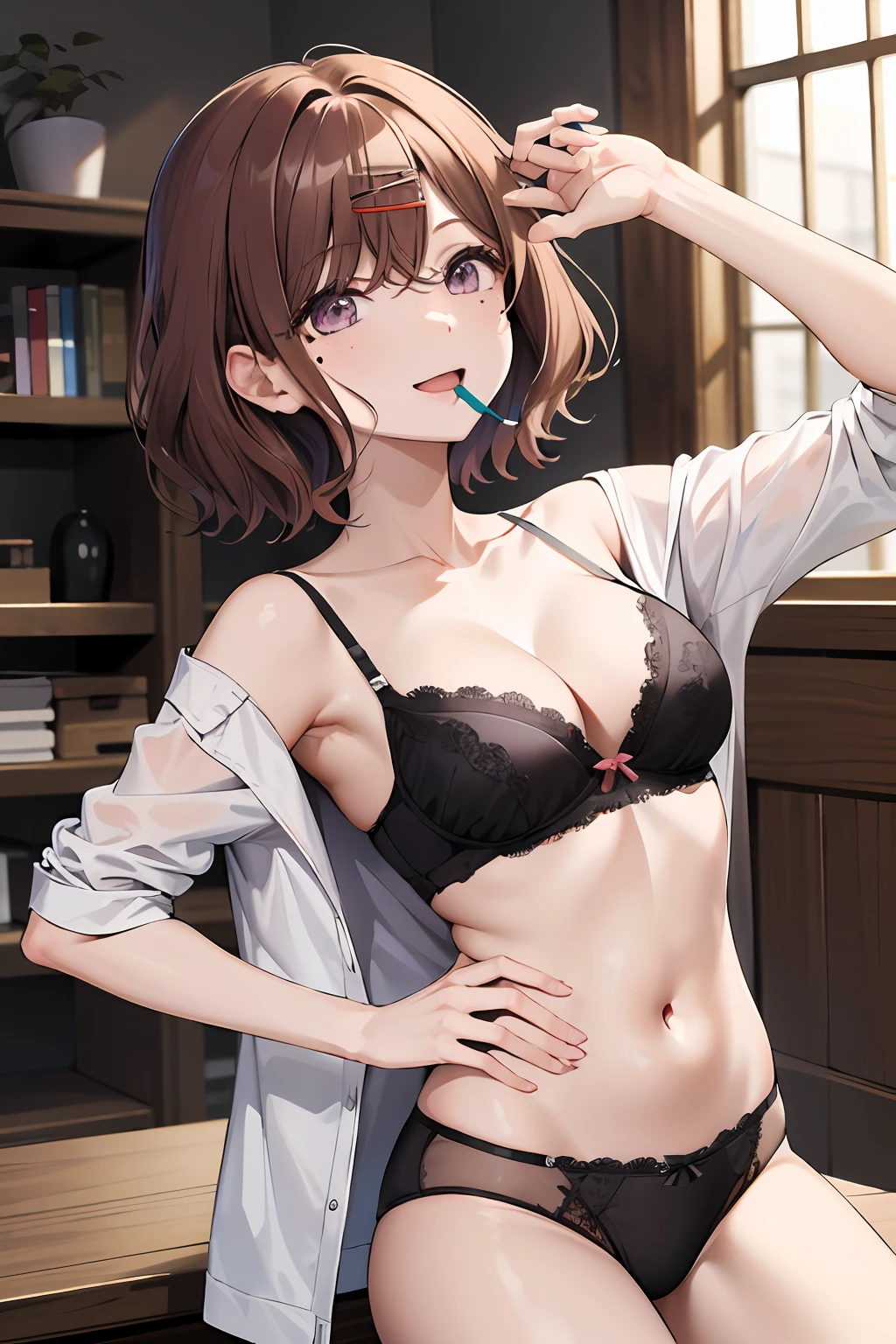 beste Quality, Hi-Res, 1girl, higuchi madoka, Brown hair, mole under the eye, hairornaments, hair clips, short-hair, bangs, violet colored eyes, thights, Sorrisos, Princess、Naked abdomen、White lace underwear、、(look up to)、Clothes in the mouth、cleavage breasts、One navel、T‐shirt、(brassiere))、