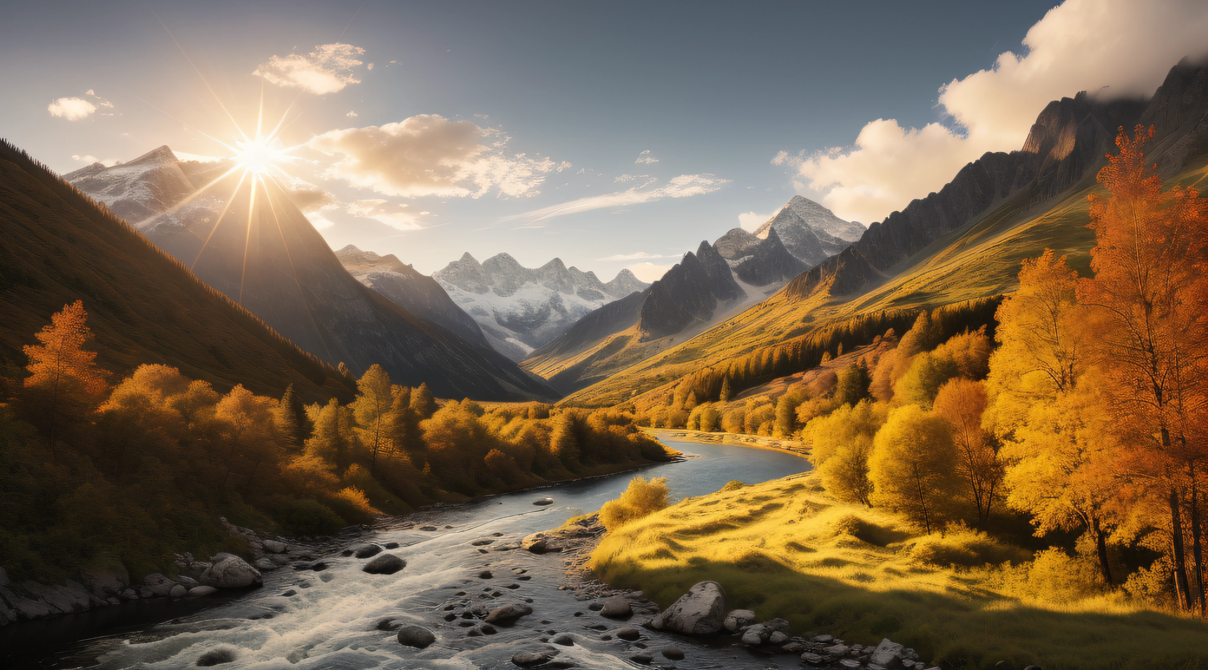 detailed background, masterpiece, best quality, scenery, mountains, river, forest, sun, day, clouds
