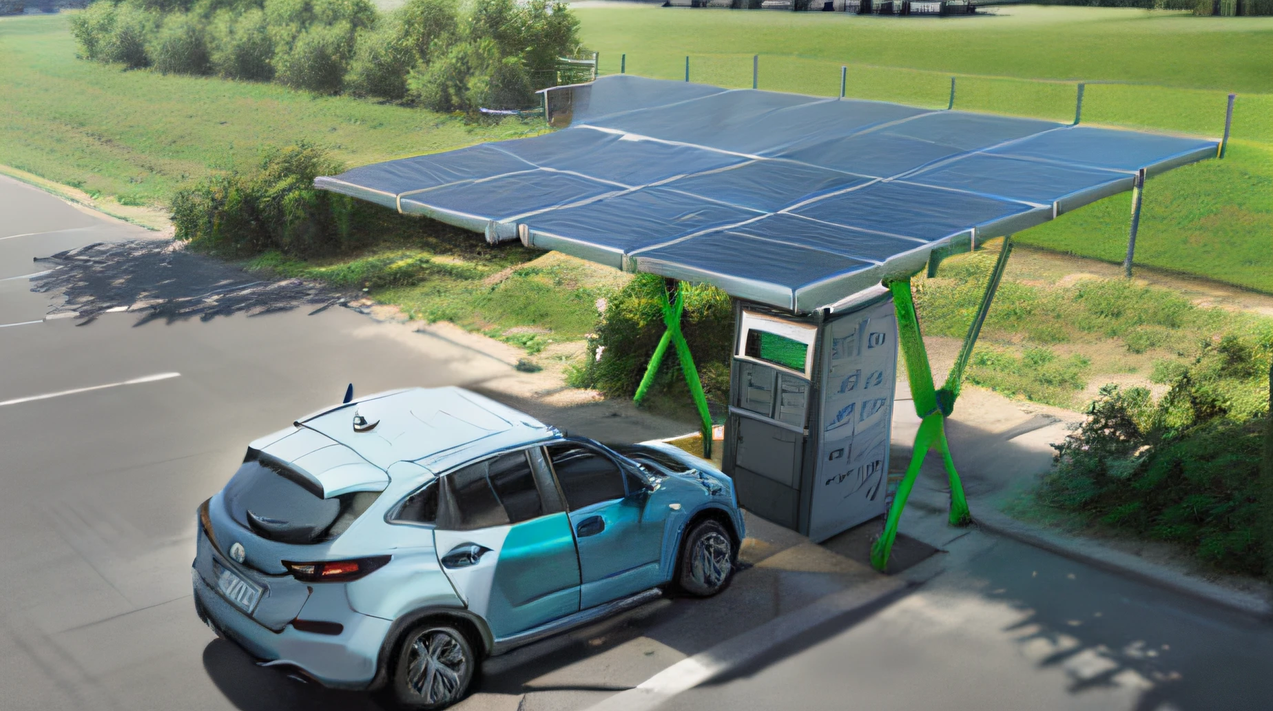 Un coche azul estacionado en un estacionamiento con un panel Solar en la parte superior, webdesign icon for solar carport, solar power, green energy, hydrogen fuel cell vehicle, clean energy, green technology, Solar, renewable energy, charging through city, Paneles Solares, solar power, un verde, Cargo plantado, Vincent Callebaut, por Xul Solar, Overhead Shot