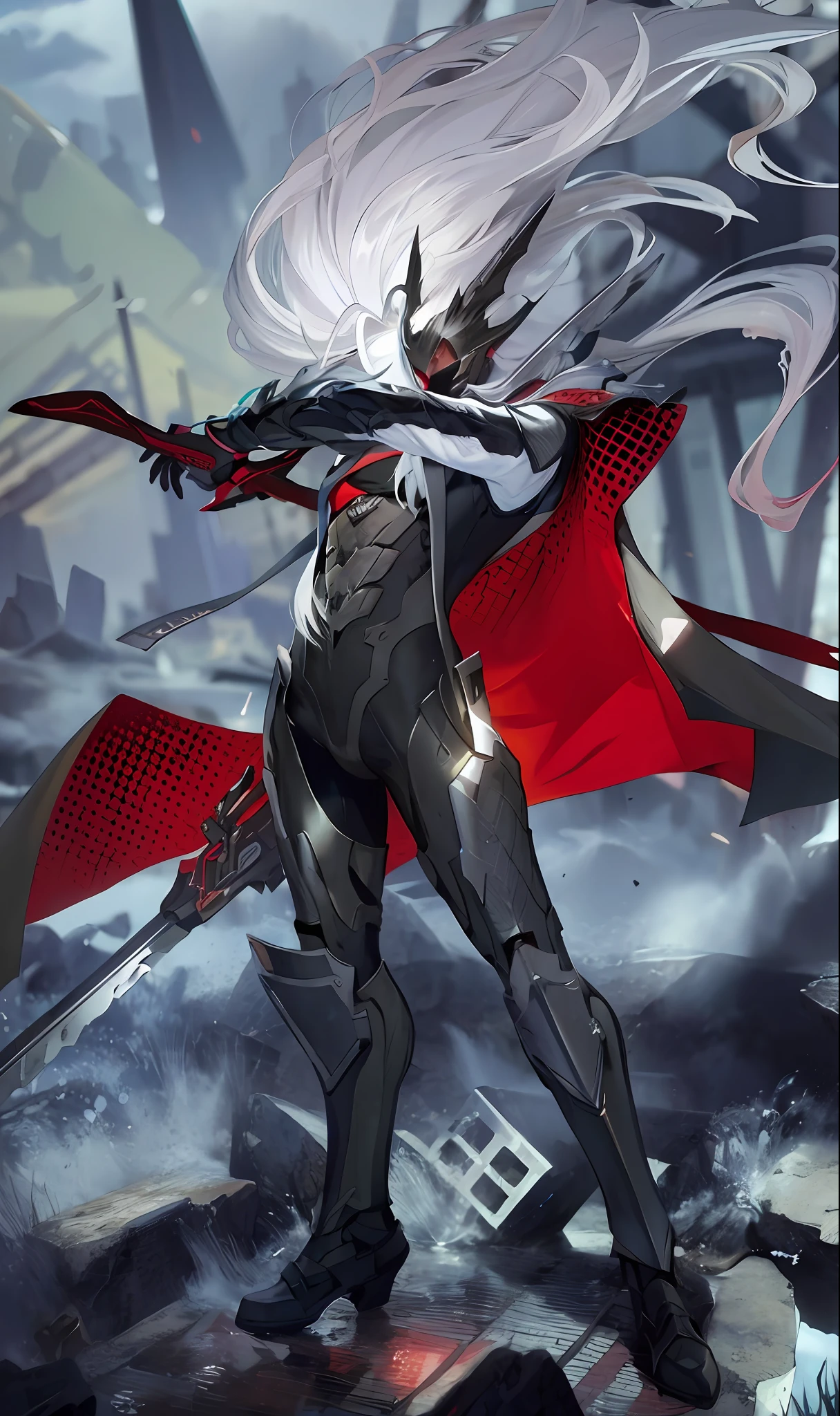 anime character with white hair and red cape standing on a ledge, Best anime 4k konachan wallpaper, badass anime 8 k, Anime epic artwork, detailed key anime art, sharp high quality anime, from arknights, Key anime art, advanced digital anime art, sharp high quality artwork, code vein, Guilty Gear strives to splash art, digital cyberpunk anime art