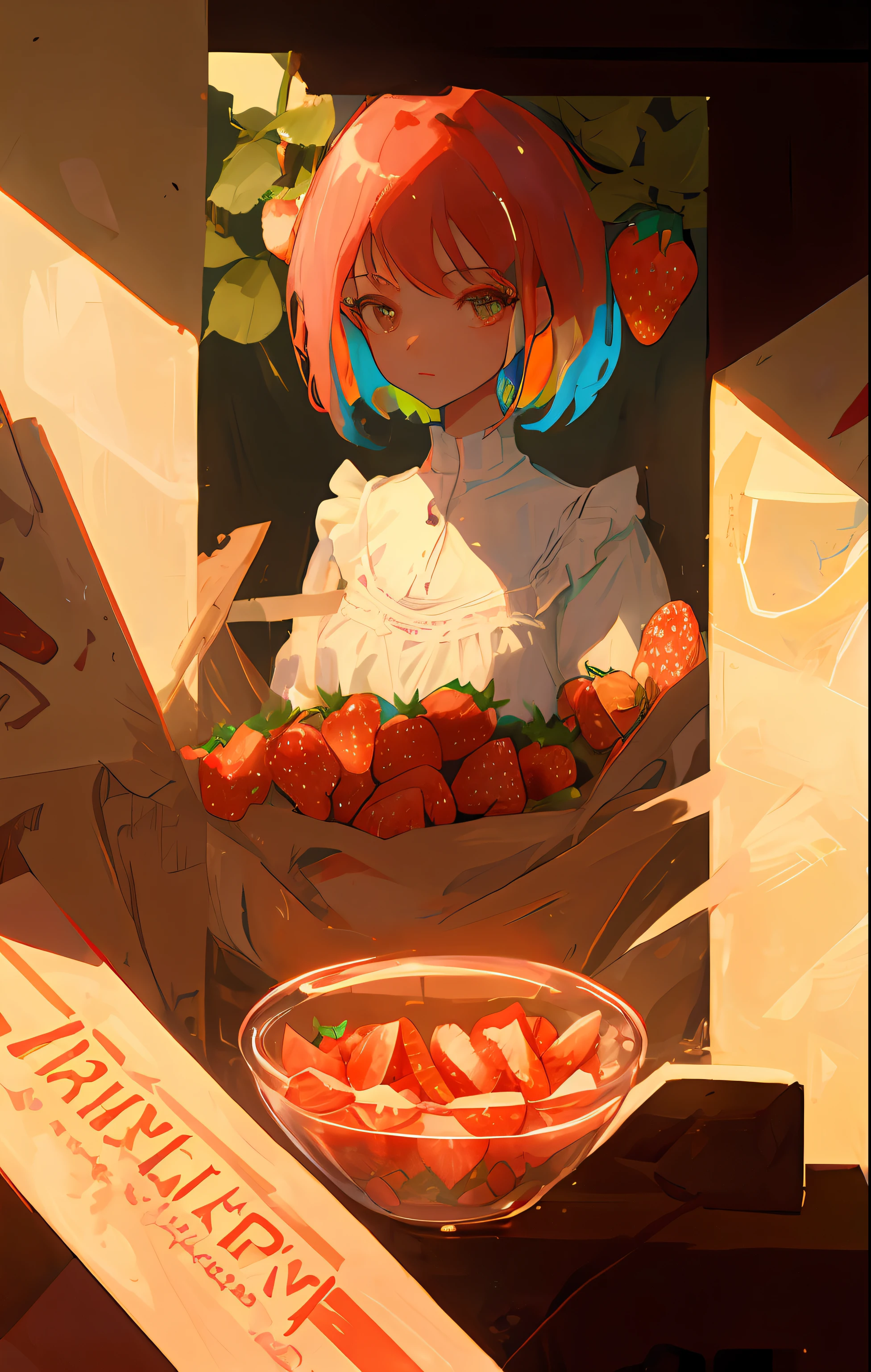 strawberries ，Two-dimensional painting style，illustration