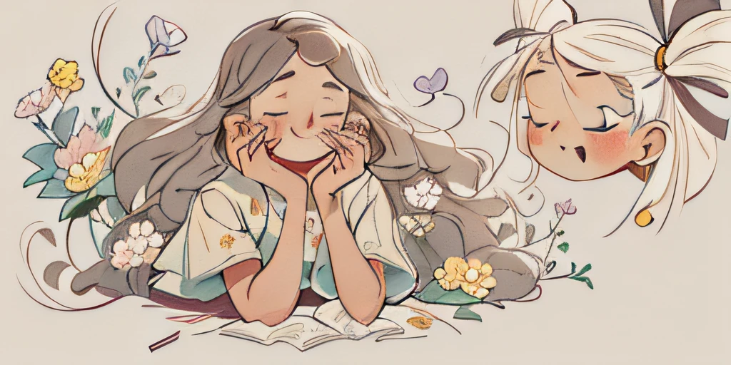 A long-haired girl,Hair flutters to the sides,There are many cherry blossoms in the hair,The girl closed her eyes,Hold your cheeks with your hands,affectionate,intoxicated,perfect works,fresh flowers,closeup of face