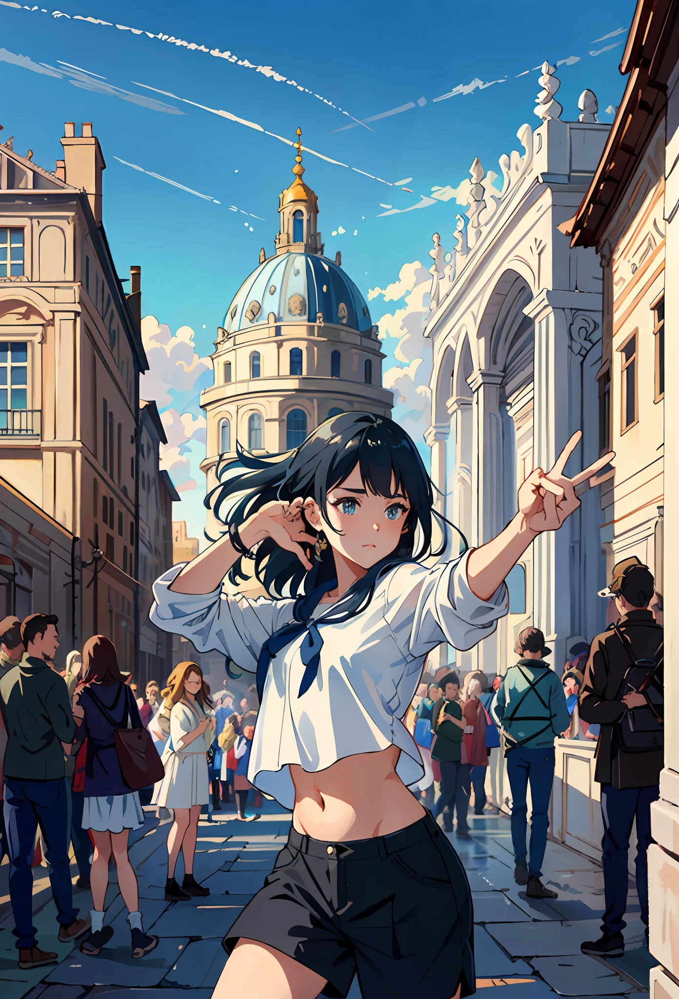 Model shooting style, (extremely detailed CG Unity 8k wallpaper), full-shot body photo of the most beautiful artwork in the world, stunning beautiful photo realistic available, super realistic super detailed photo, a beautiful girl as a female dancer,[slight smile],(Chateau de Versailles, Pisa Baptistery Of St. John background, Flowers,navel,crowd),(princess eyes, shining pupils),detailed symmetrical beautiful hazel eyes, detailed gorgeous face, highly detailed, Vibrant, professional majestic oil painting by Ed Blinkey, Atey Ghailan, Studio Ghibli, Jeremy Mann, Greg Manchess, Antonio Moro, ArtStation Trends, CGSociety Trends, Complex, High Detail, Sharp Focus, Dramatic, Realistic Painting Art, by Midjourney and Greg Written by Rutkowski