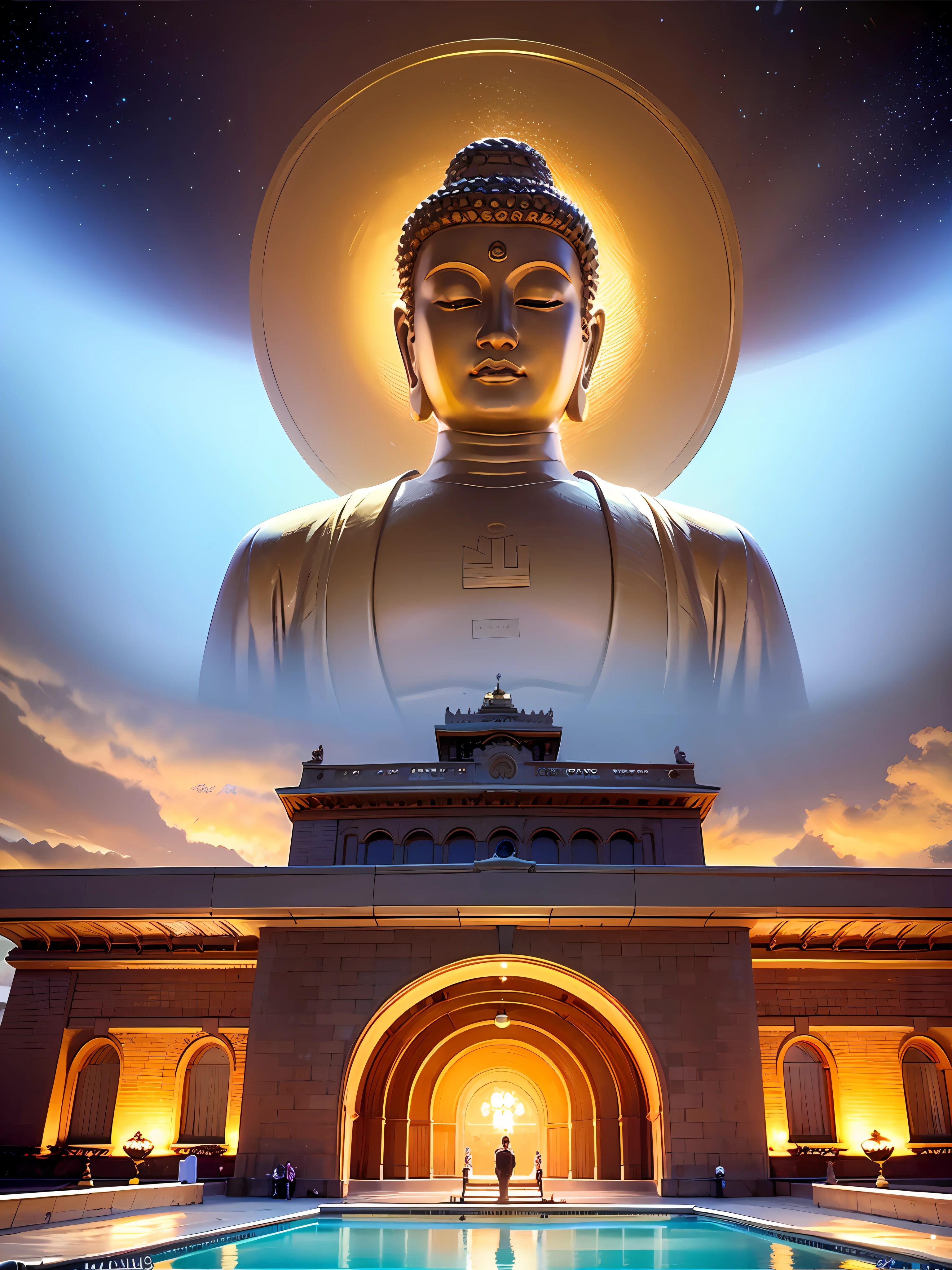 Mira，Maitreya Bodhisattva，Maitreya，A large golden Buddha statue，Sit in the room，The light of the Buddha shines，golden glow，The ceiling is blue，Blue sky in the background，Clouds，above_clouds，airships，The aurora，Bridges，architectural，castles，smokestacks，miji，city_lights，cityscape，clock，belfry，the clouds，very cloudy sky，constellation，crescent，A desert，the planet_\（planetes\），firework，floating islands，water fountain，galaxias，glowing，casa，island，lamppost，lanterns，light particules，galaxy，moon，yama，night，night  sky，no_humans ，planetes，scenecy，Meteor，skies，sky line，skyscrapers，yuki，nevando，space，star_\（skies\），star_\（Symbols\），starry_sky，starry_sky_print，telescope，towers，town，twilightart，vessels