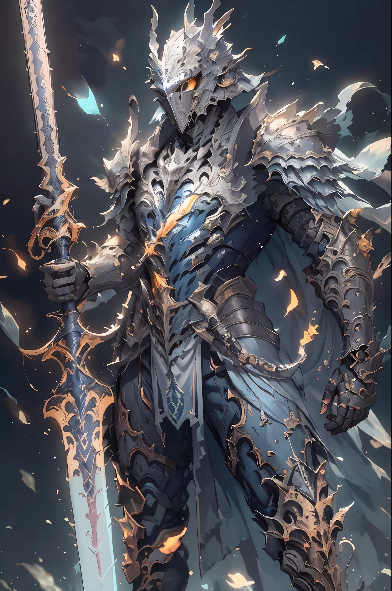 (masterpiece, top quality, best quality, official art, beautiful and aesthetic:1.2),(8k, best quality, masterpiece:1.2),CGDivineSwordsw, weapon, armor, solo, holding, horns, glowing, sword, 1boy, holding weapon, planted, male focus, glowing weapon, standing, helmet, gauntlets, holding sword, glowing sword, planted sword, shoulder armor, gradient, gradient background, greaves, pauldrons, (blue glow:1.3),