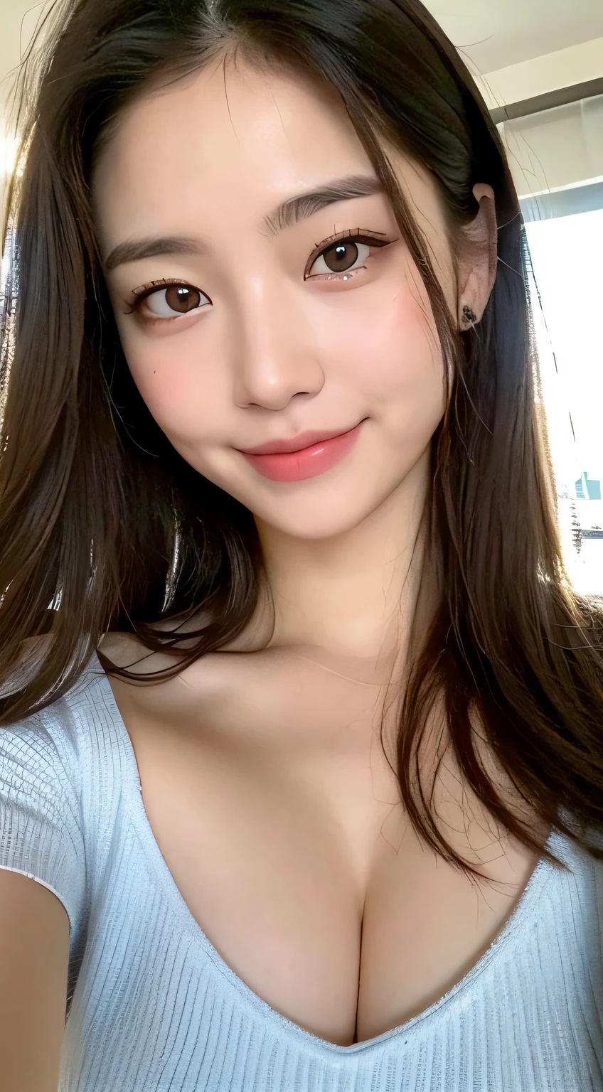 ((Best Picture Quality, 8k, The Masterpiece:1.3)), 1girl, Beautiful woman with slender abs:1.3, (Casual hairstyle, :1.2), sexy dress,Ultra-fine face, detailed eye, Double eyelid,Smile with。Take pictures in cute poses,The figure is very bad,Small waist,largebreasts,Close-up,Close-up chest,beatiful backgrounds