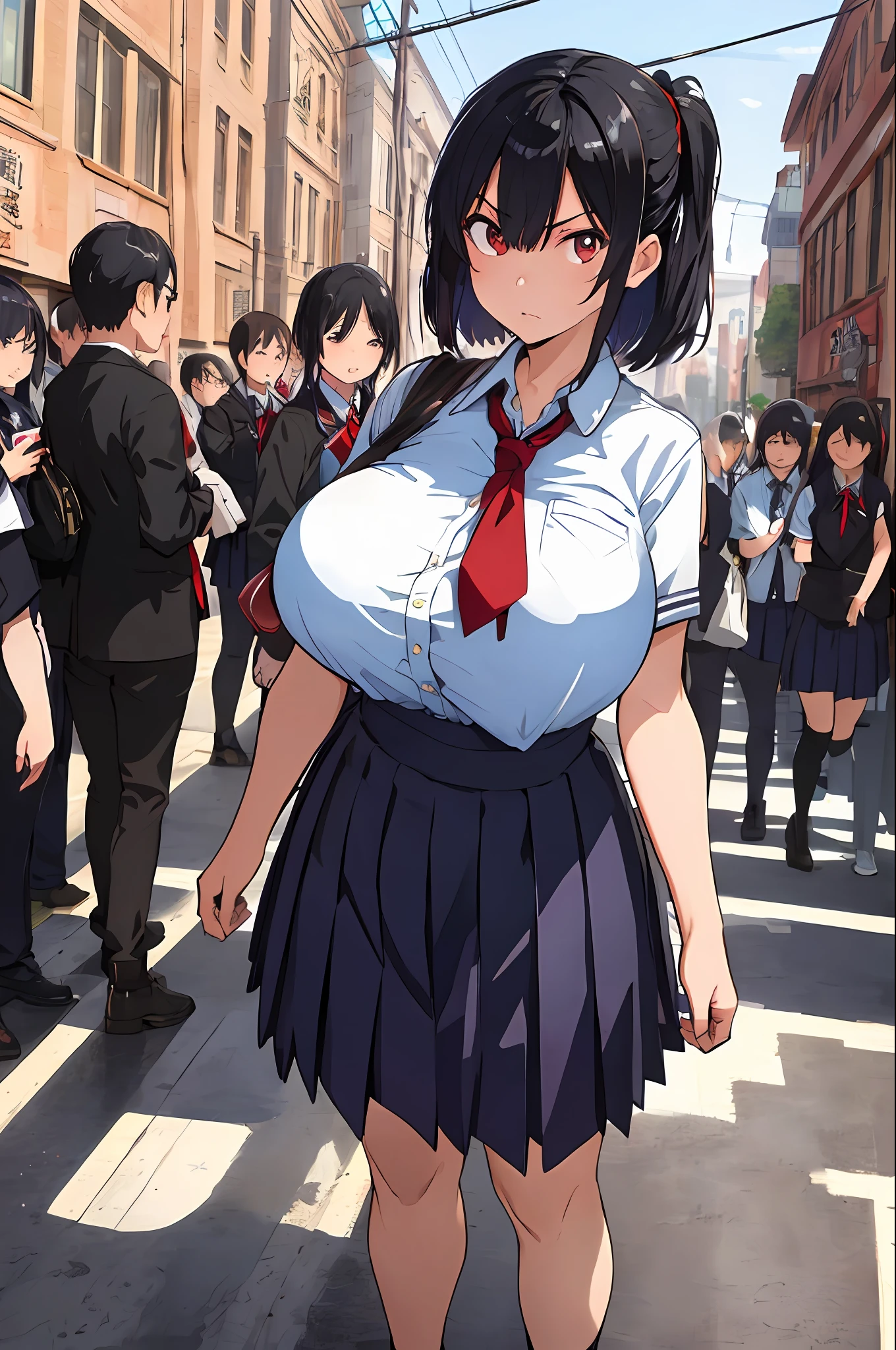 (A masterpiece, beste Quality, Best Quality, Beautiful and Aesthetic:1.2), Very detailed,School uniform, Black Hair, huge breast,
looking at the audience, angry, takeda hiromitsu style,farting
