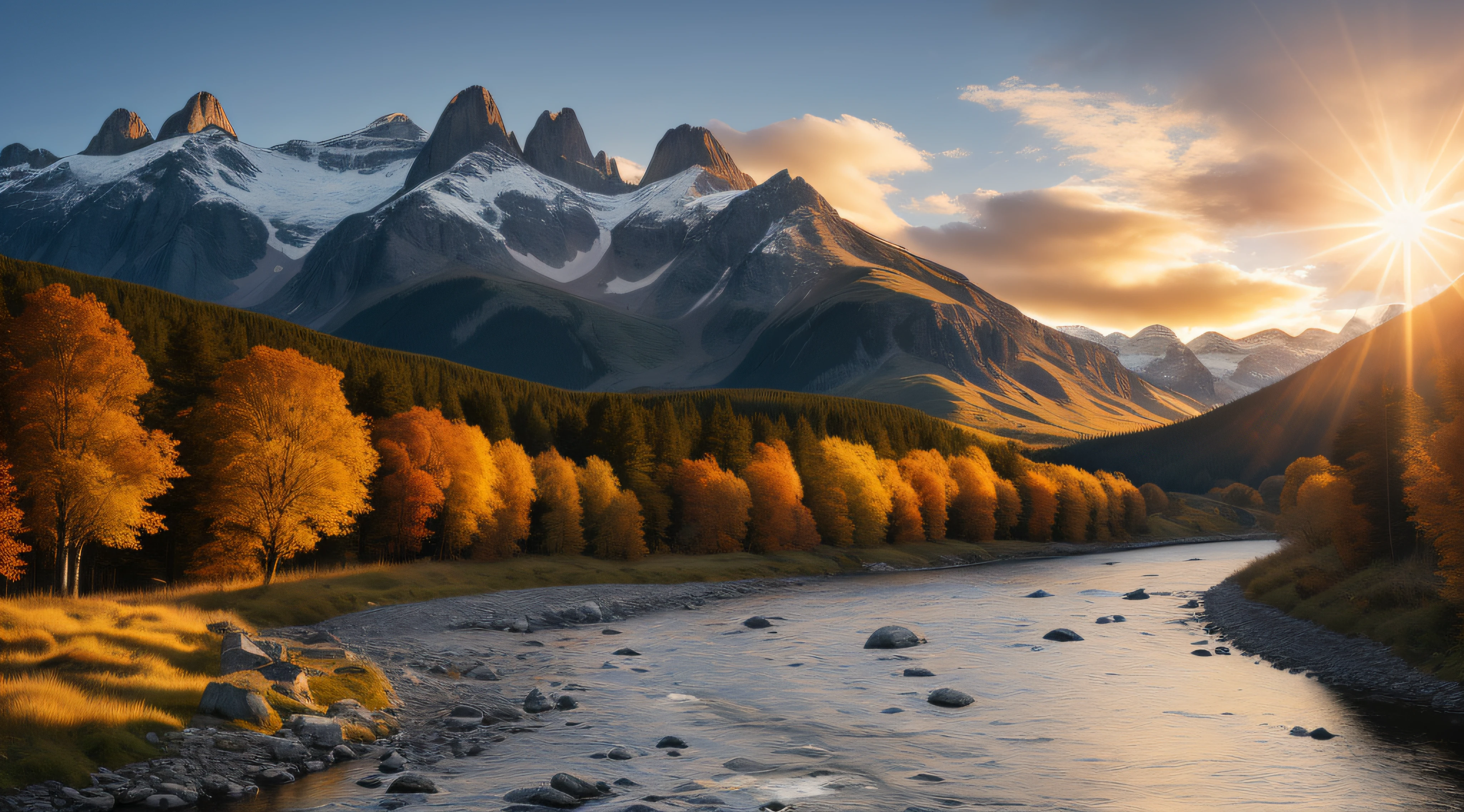 detailed background, masterpiece, best quality, scenery, mountains, river, forest, sun, day, clouds