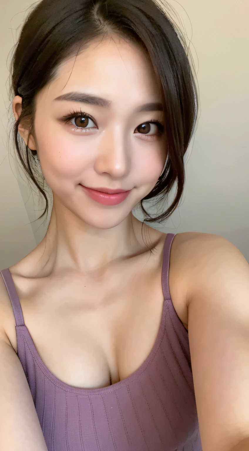 ((Best Picture Quality, 8k, The Masterpiece:1.3)), 1girl, Beautiful woman with slender abs:1.3, (Casual hairstyle, :1.2), sexy dress，Ultra-fine face, detailed eye, Double eyelid，Smile with。Take pictures in cute poses，The figure is very bad，Small waist，largebreasts，Close-up，Close-up chest，beatiful backgrounds