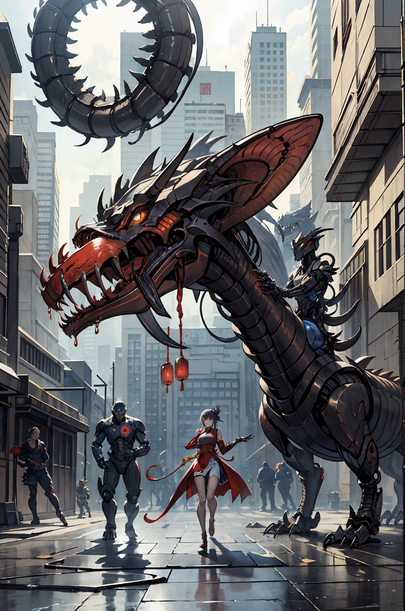 (best qulity), Oriental detailed background, Girl with man, Science-Fiction, Robotic arm, Guro, alien, ogre,Xenomorph,Mechanically,mechamusume,girlfriend,tentacles in,entangle,Wet,Mechanical dragon,China Dragon,Mechanical dinosaurs,t-rex