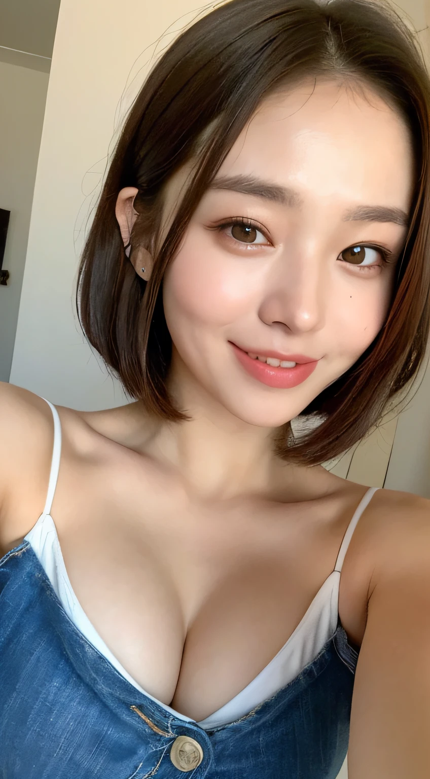 ((Best Picture Quality, 8k, The Masterpiece:1.3)), 1girl, Beautiful woman with slender abs:1.3, (Casual hairstyle, :1.2), sexy dress，Ultra-fine face, detailed eye, Double eyelid，Smile with。Take pictures in cute poses，The figure is very bad，Small waist，largebreasts，Close-up，Close-up chest，beatiful backgrounds