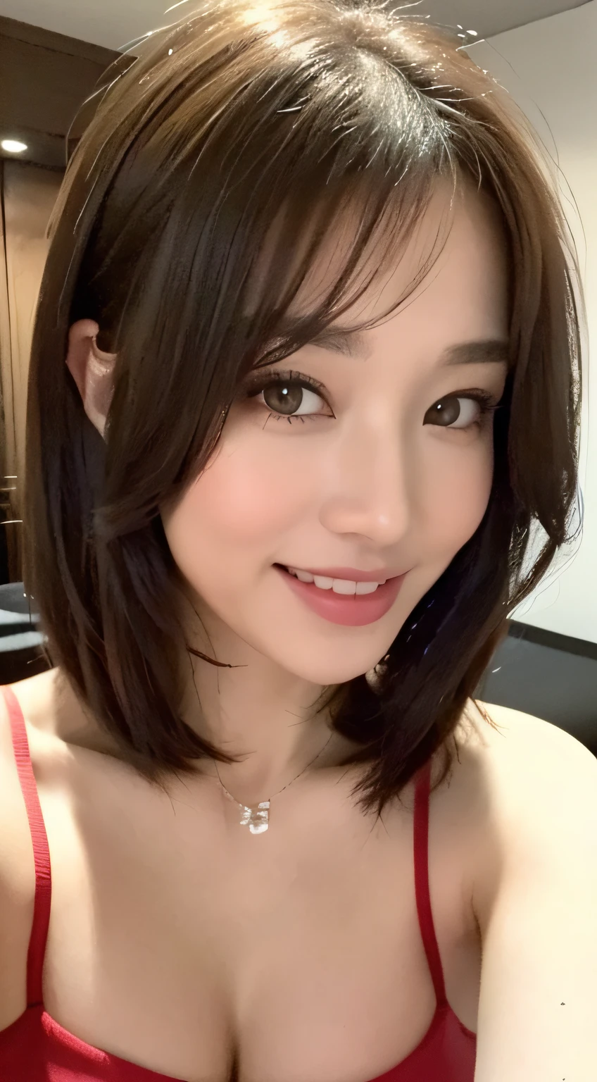 ((Best Picture Quality, 8k, The Masterpiece:1.3)), 1girl, Beautiful woman with slender abs:1.3, (Casual hairstyle, :1.2), sexy dress，Ultra-fine face, detailed eye, Double eyelid，Smile with。Take pictures in cute poses，The figure is very bad，Small waist，largebreasts，Close-up，Close-up chest，beatiful backgrounds