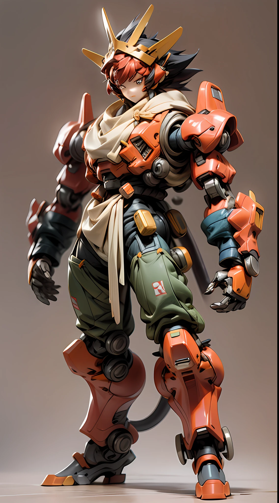 chibi，full body，A three-year-old boy mech，Super short body，Little dwarf，Has the head of the Monkey King，Mecha body，mecha limbs，Mecha arms，Mecha legs，Spiked hairstyle