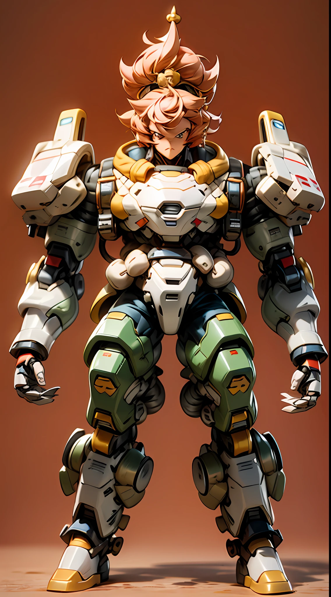 A three-year-old boy mech,Super short body,Little dwarf,Has the head of the Monkey King,Mecha body,mecha limbs,Mecha arms,Mecha legs,Spiked hairstyle,chibi,full body,