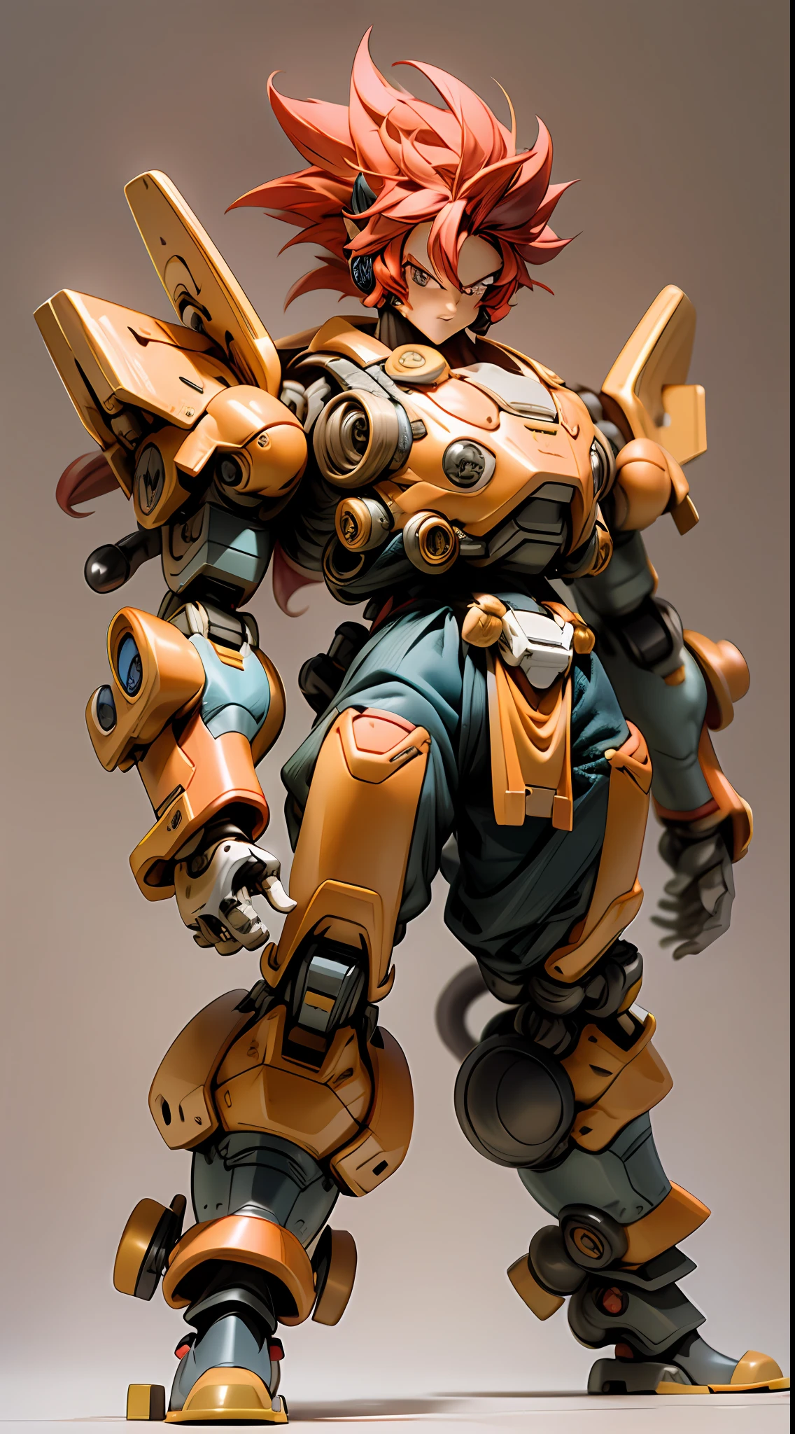 A three-year-old boy mech,Super short body,Little dwarf,Has the head of the Monkey King,Mecha body,mecha limbs,Mecha arms,Mecha legs,Spiked hairstyle,chibi,full body,