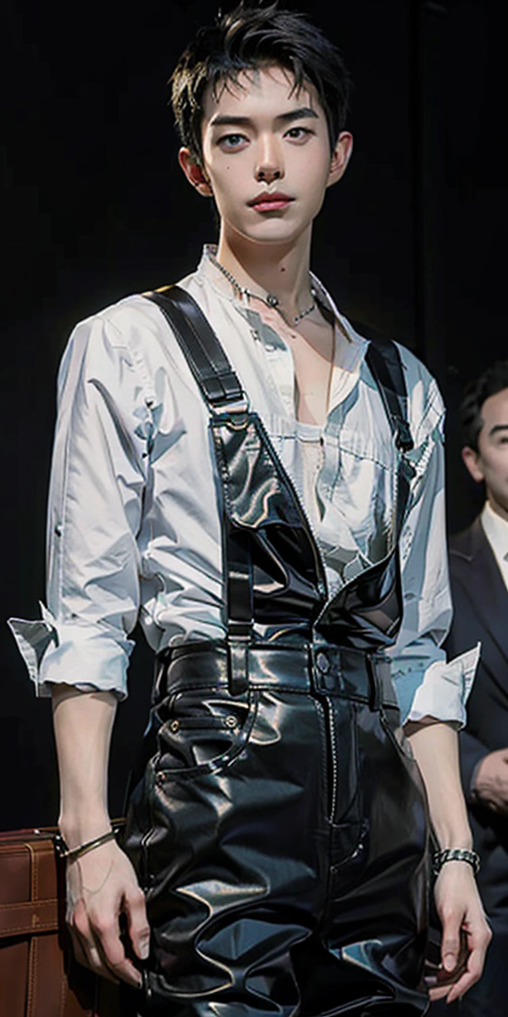 male , (The Masterpiece), Beautiful body, Models, Detailed face, Detailed skin, front facing,nuda,Suspenders, Unscale, Super detailed drawing, Luminism, complicated, Art germ, Silver Claw, Magical Boy, Naoko Takeuchi, Leather pants, Studded stylish strap waistband