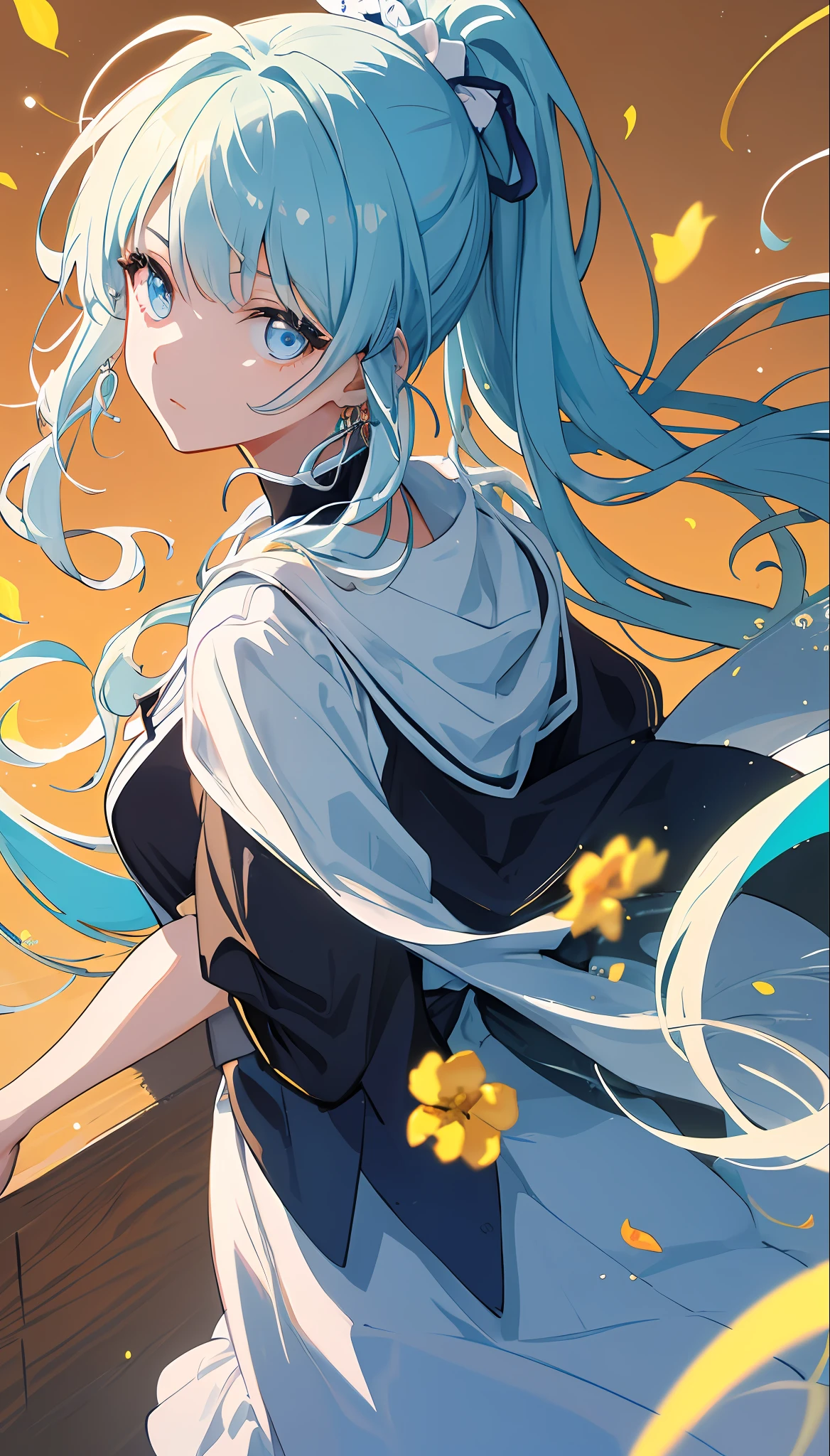 (masterpiece), (best quality), (ultra detailed),(disheveled hair),(illustration), (1girl), (Fashionable clothing), standing, Fashion model, looking at viewer, (interview), (simple background),beautiful detailed eyes, delicate beautiful face, Floating,(high saturation),(colorful splashes),colorful bubble,(shining), focus on face, ponytail, kamisato ayaka, light blue hair, bangs, hair ring, floating flowers, floating hairs, (shining), best lighting, best shadow,